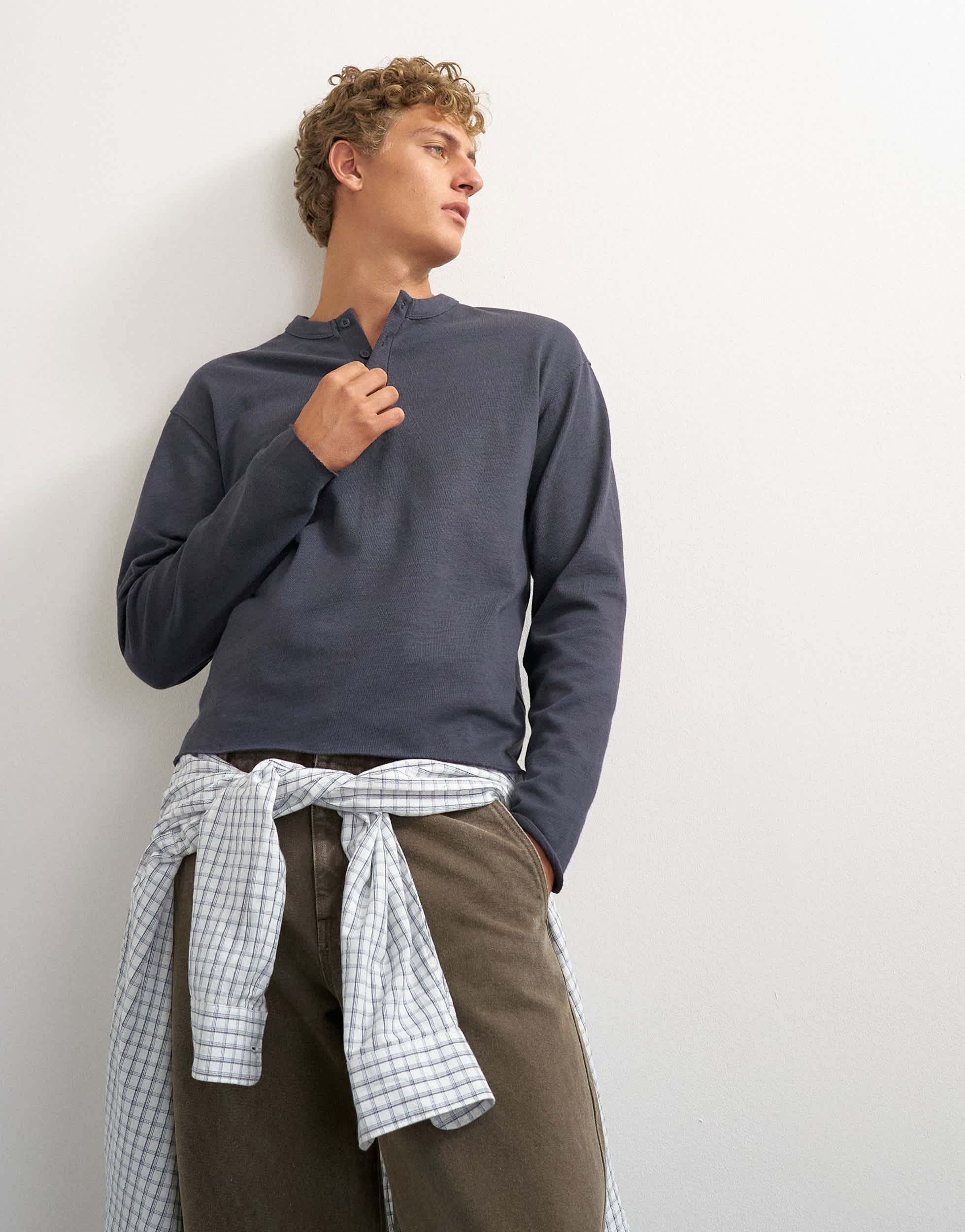 Topman relaxed fit crop heavyweight slub raw edge henley in slate
