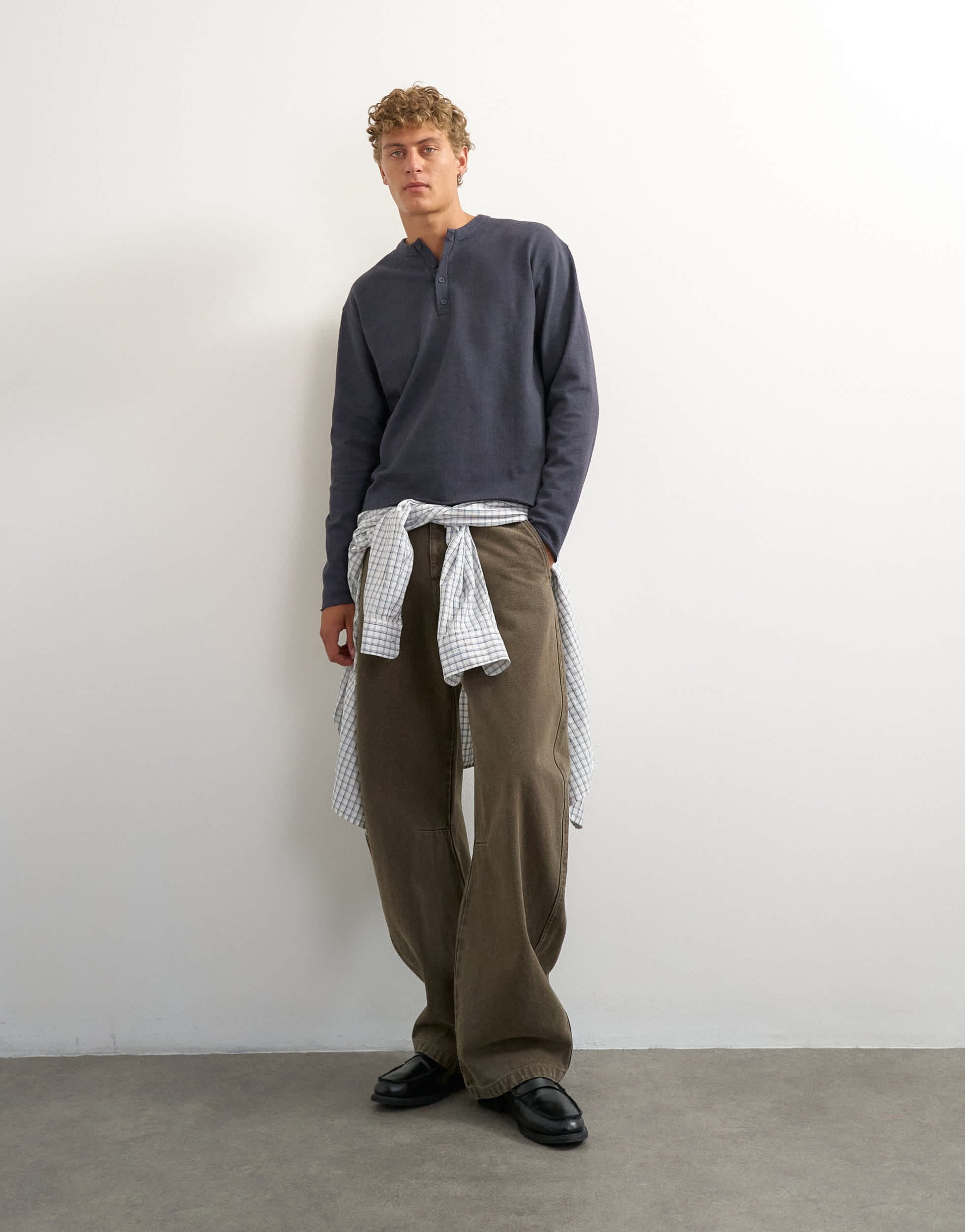 Topman relaxed fit crop heavyweight slub raw edge henley in slate