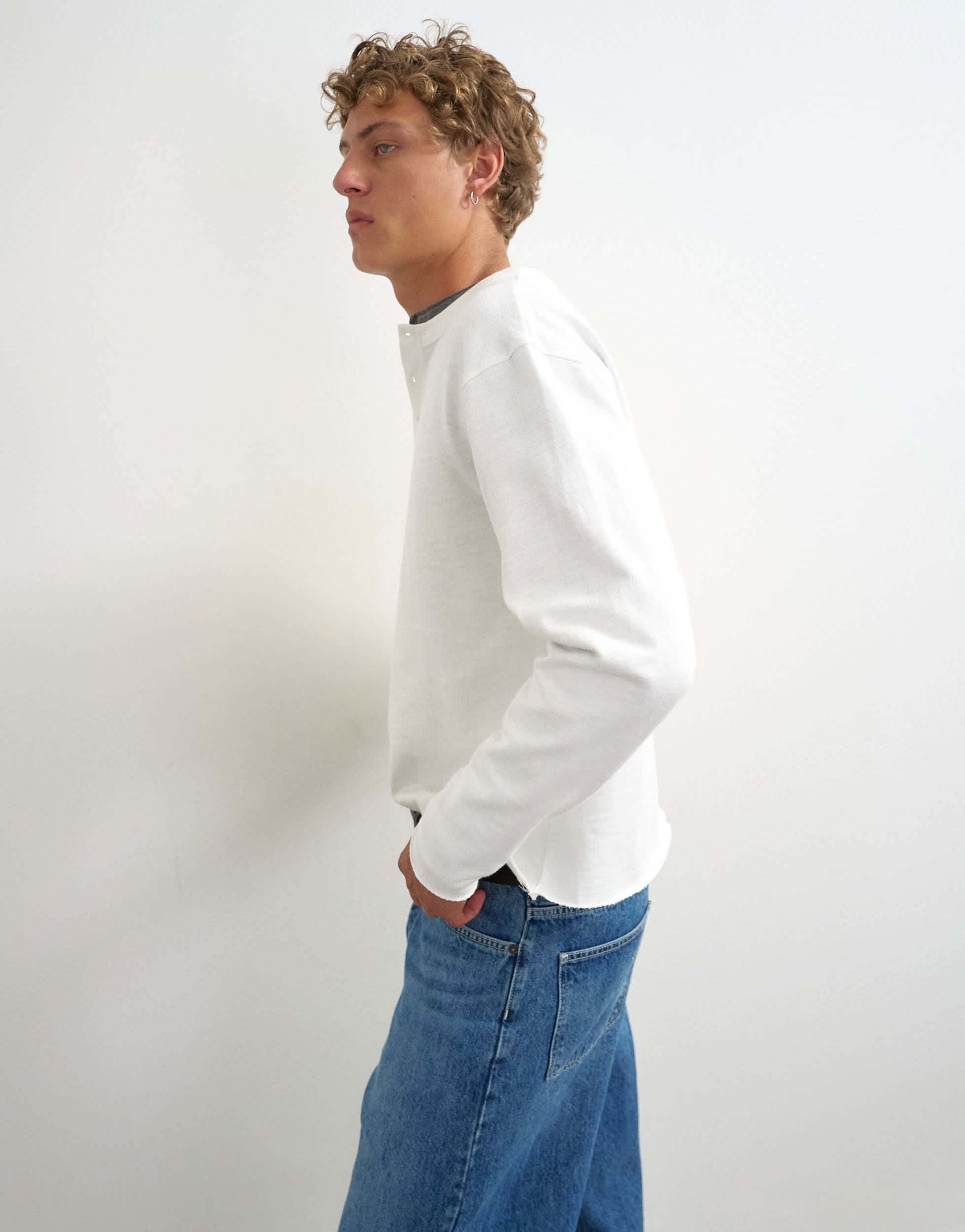 Topman relaxed fit crop heavyweight slub raw edge henley in ecru