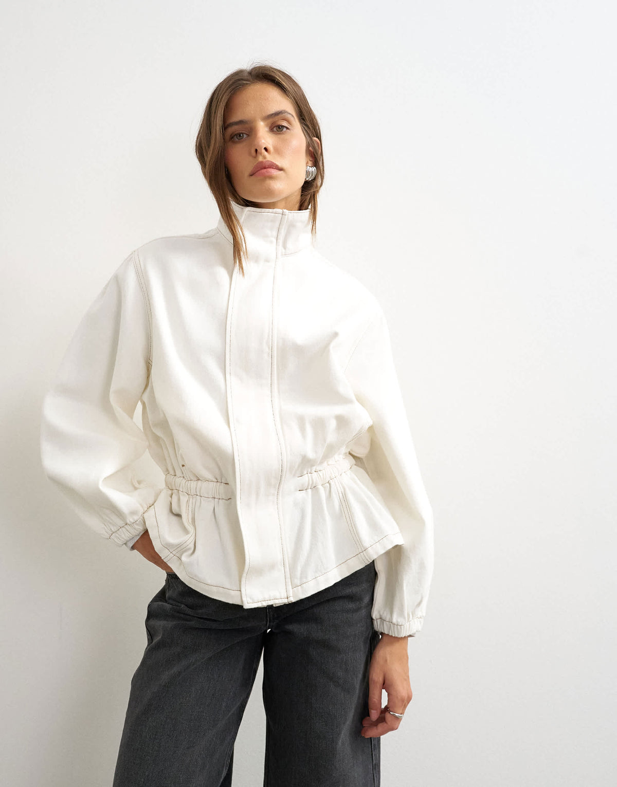 Topshop Elasticated waist funnel jacket in bone