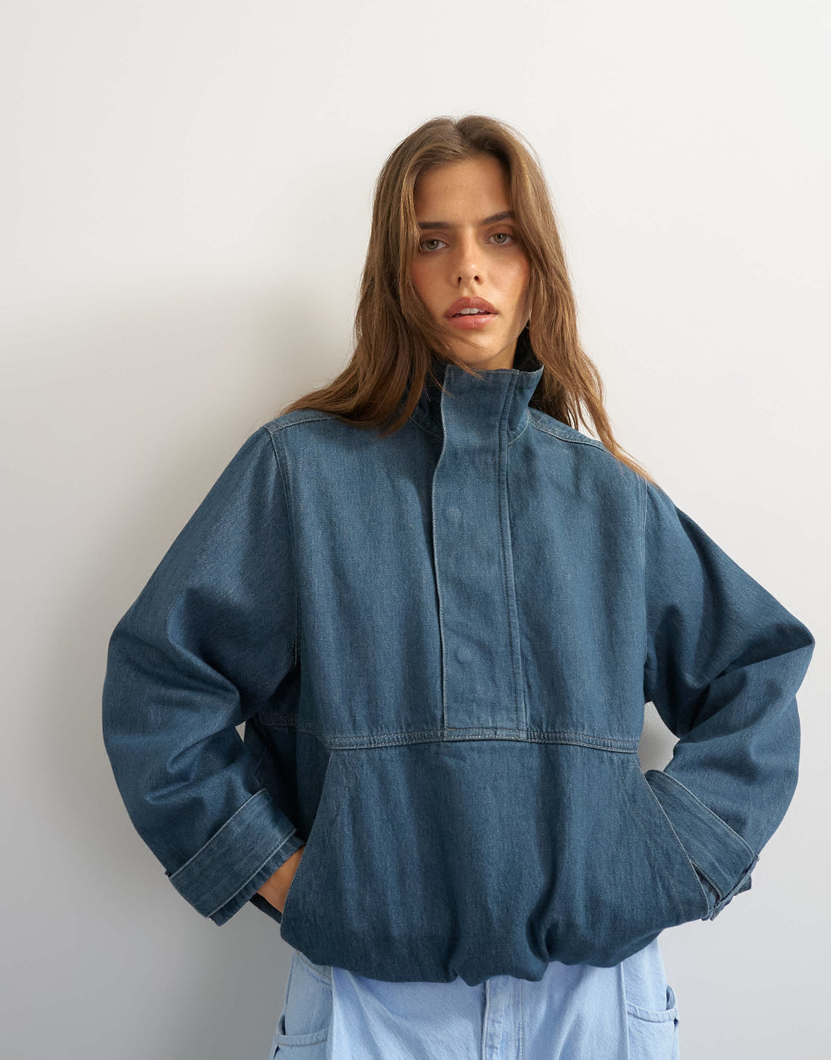 Topshop denim funnel neck bubble hem top in sulphur blue