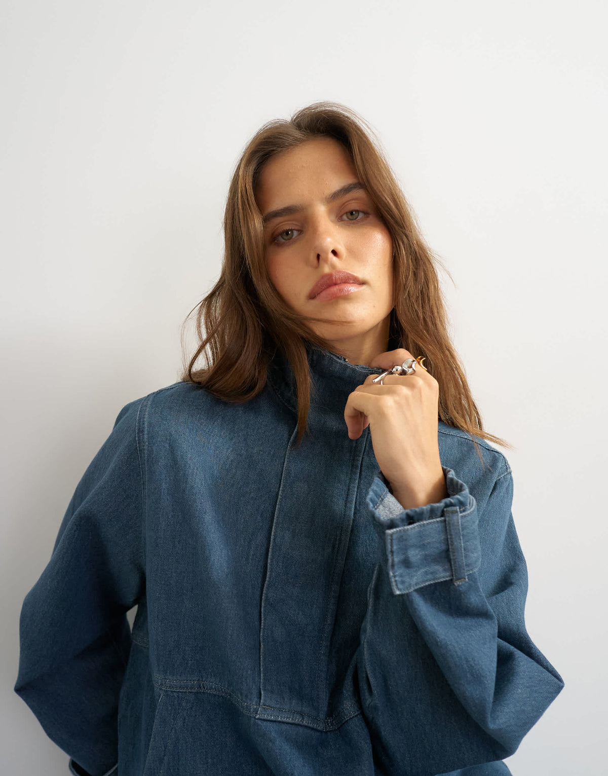 Topshop denim funnel neck bubble hem top in sulphur blue