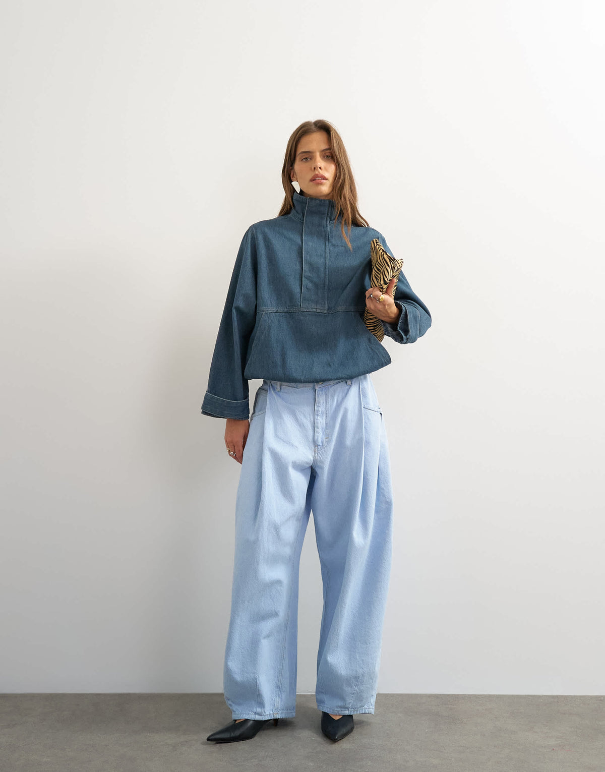 Topshop denim funnel neck bubble hem top in sulphur blue