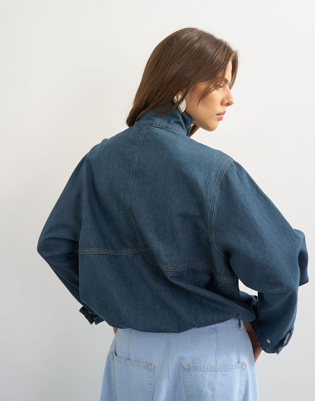 Topshop denim funnel neck bubble hem top in sulphur blue