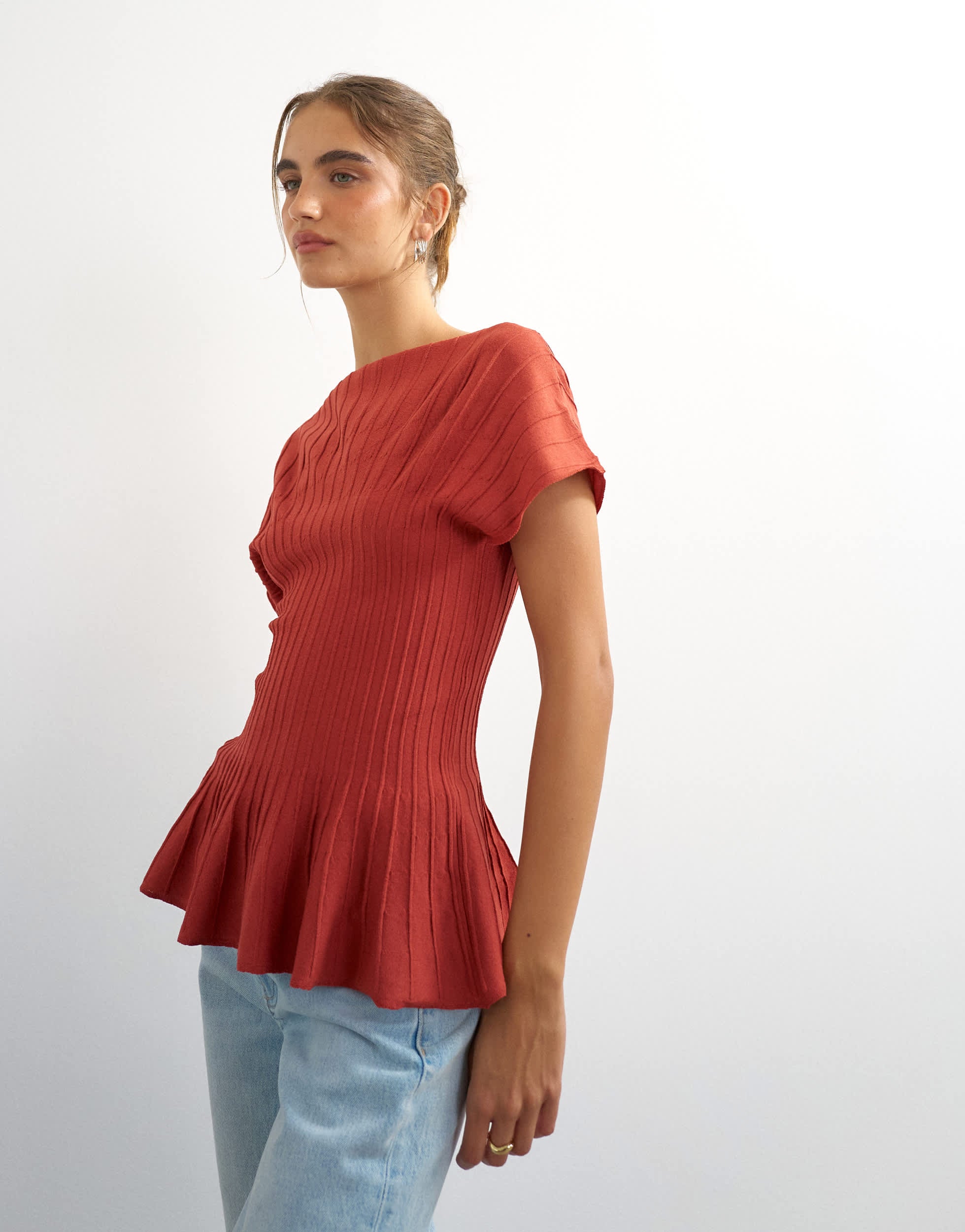 Topshop knitted grown on short sleeve peplum top in deep red