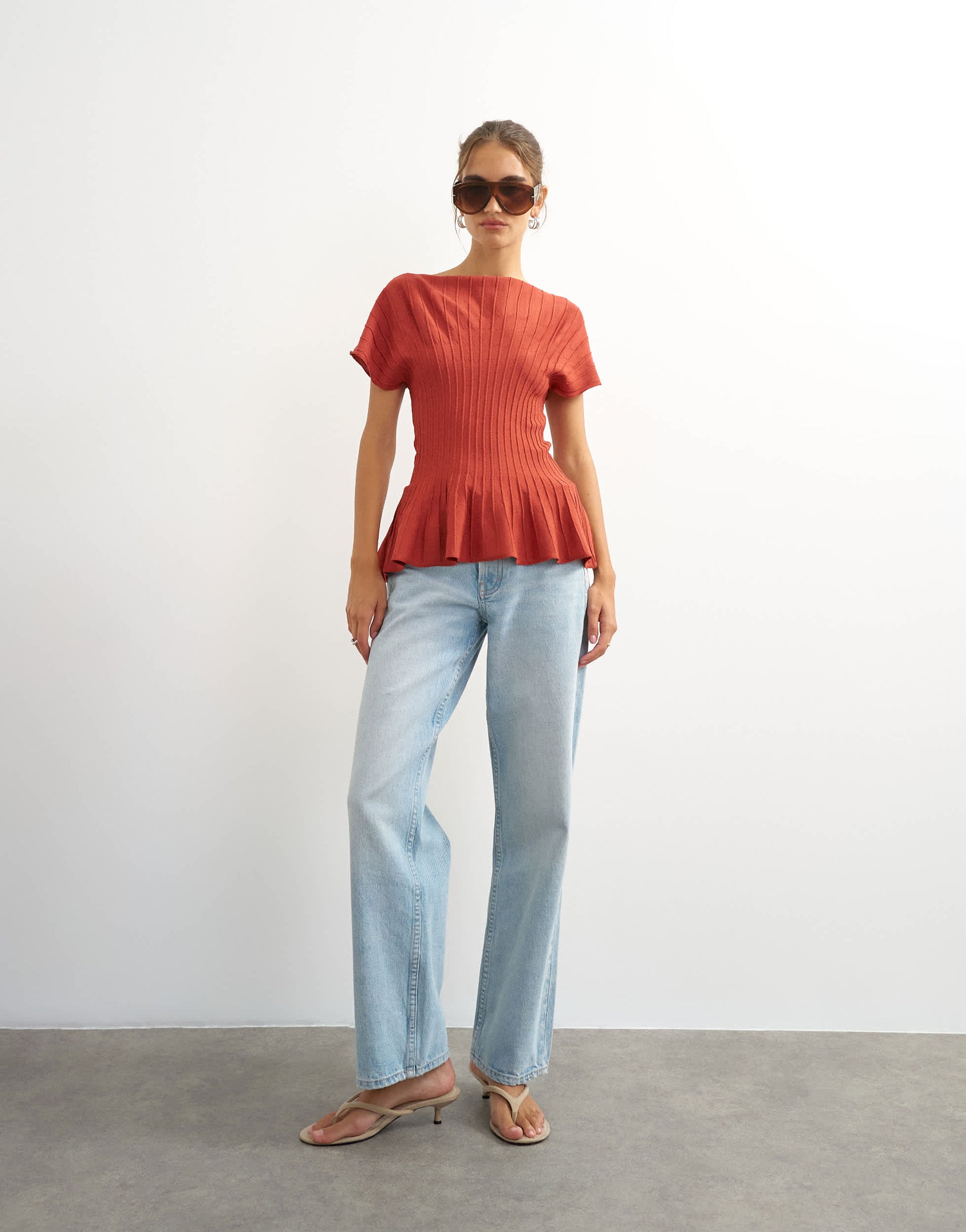 Topshop knitted grown on short sleeve peplum top in deep red