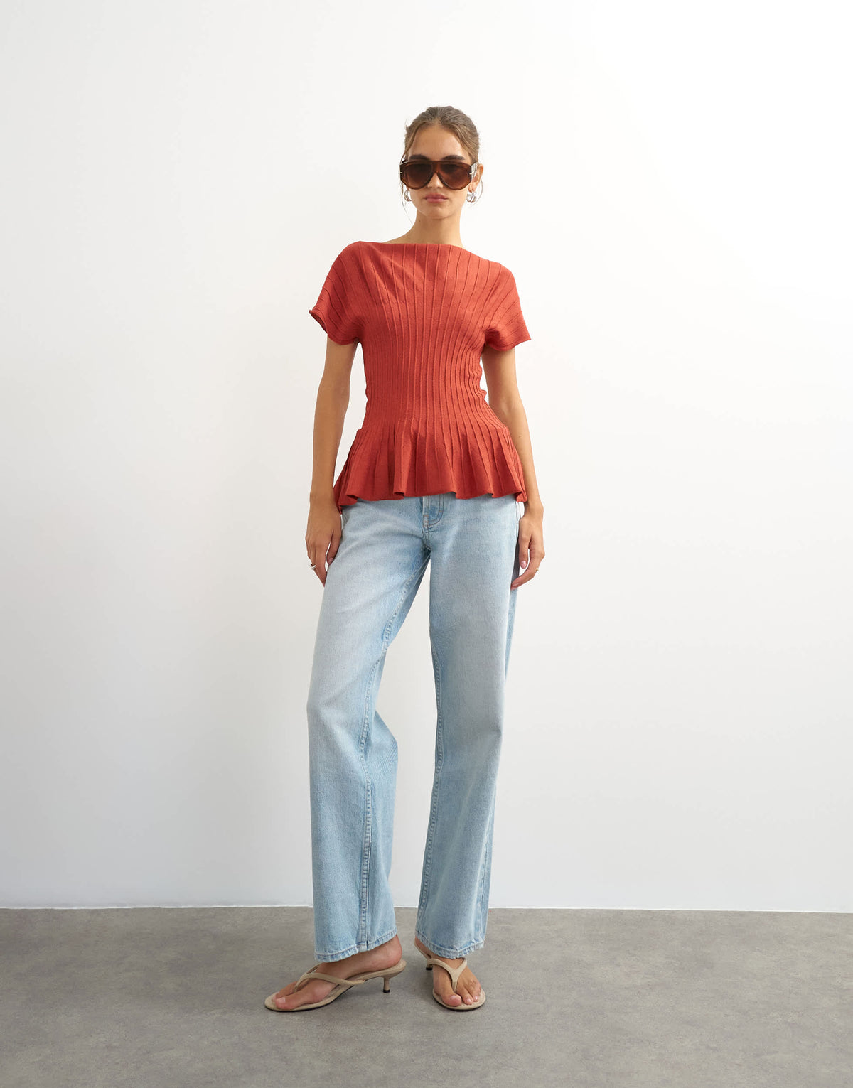 Topshop knitted grown on short sleeve peplum top in deep red