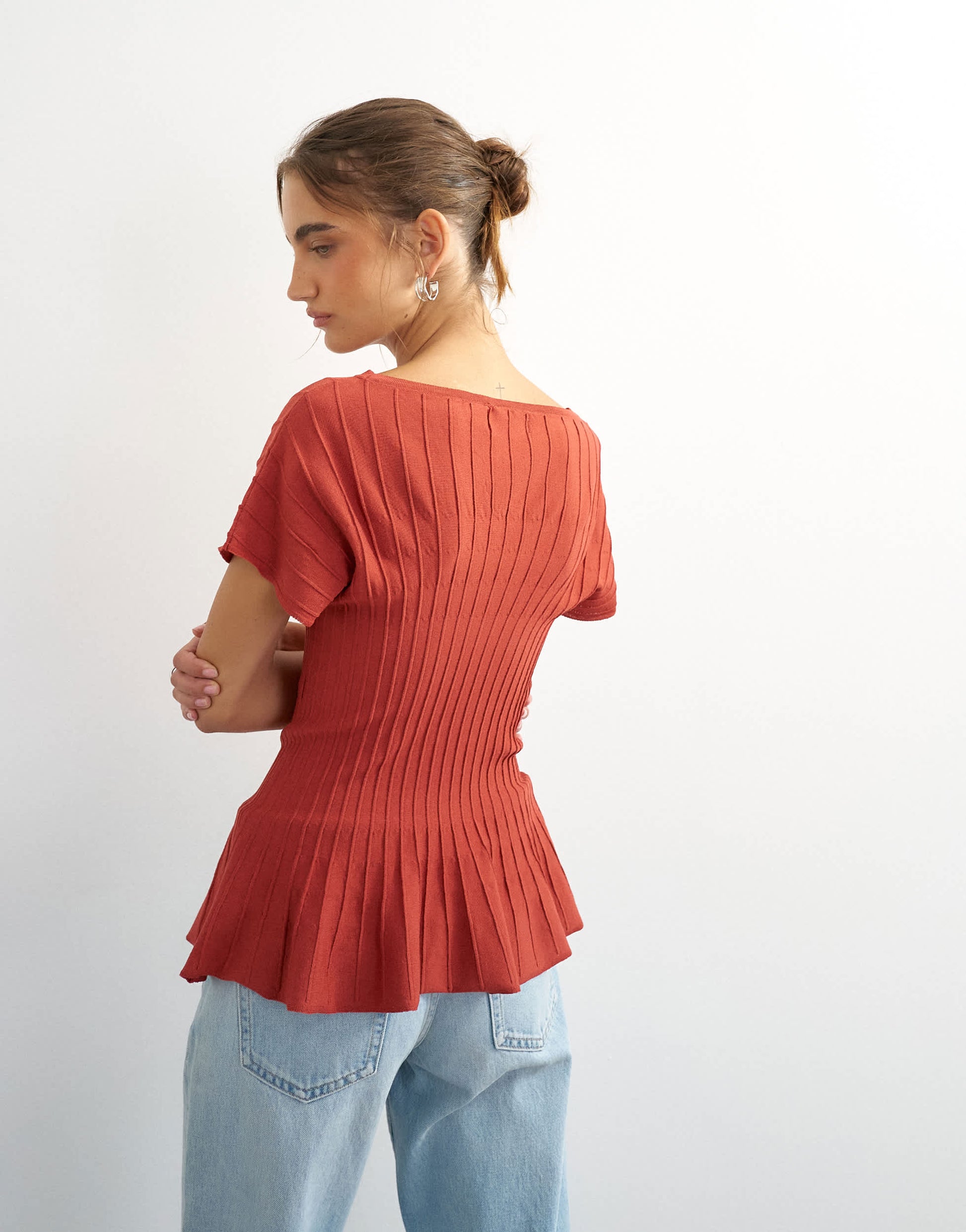 Topshop knitted grown on short sleeve peplum top in deep red