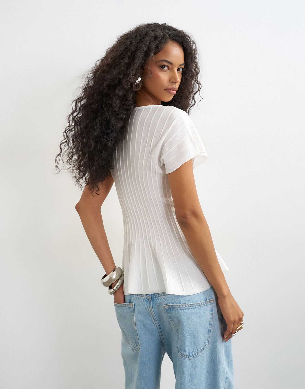 Topshop knitted grown on short sleeve peplum top in ivory
