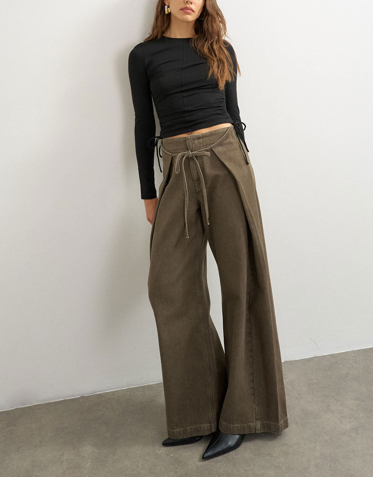 Topshop wrap front tie tailored jean in olive