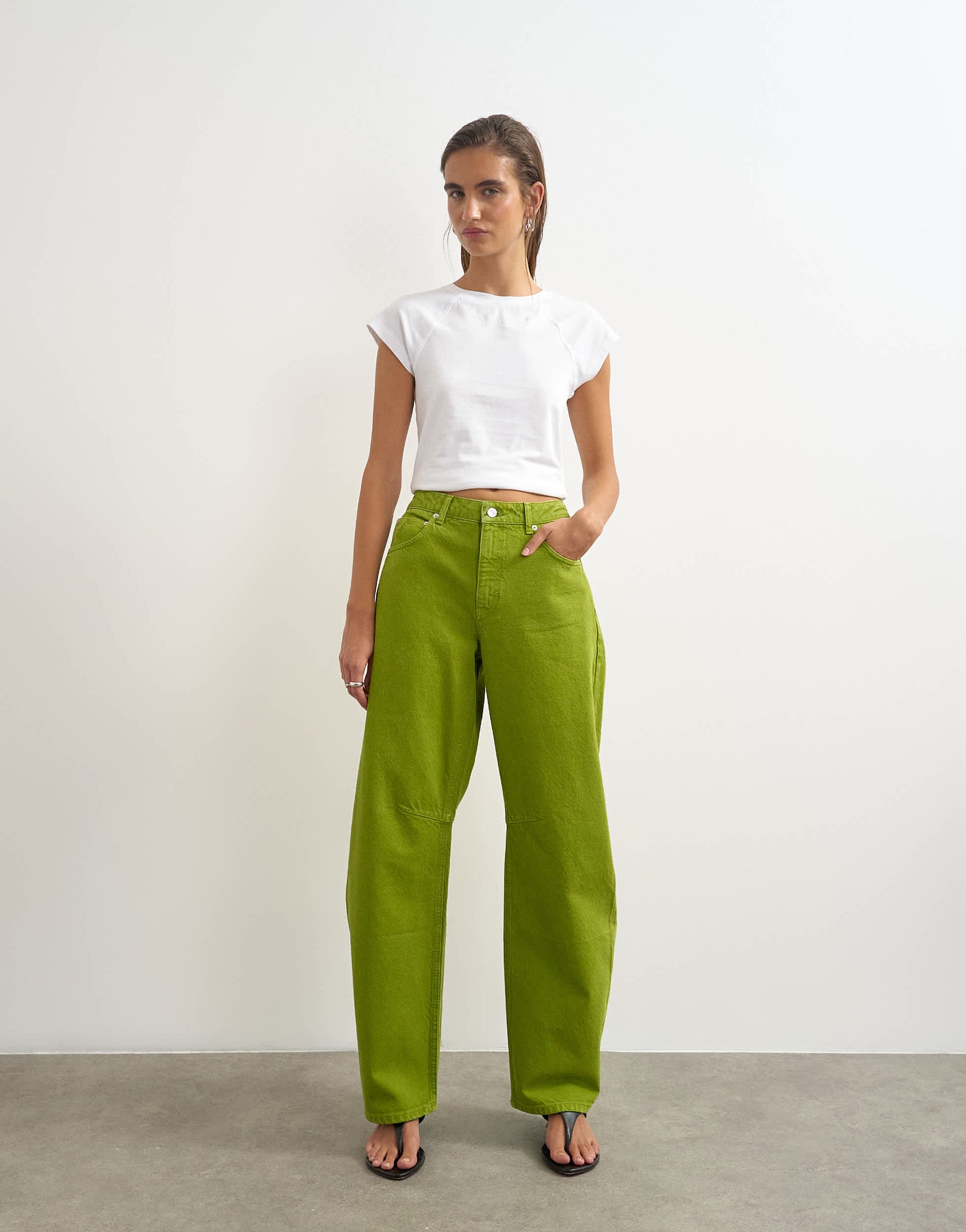 Topshop Barrel mid rise jean in bright olive