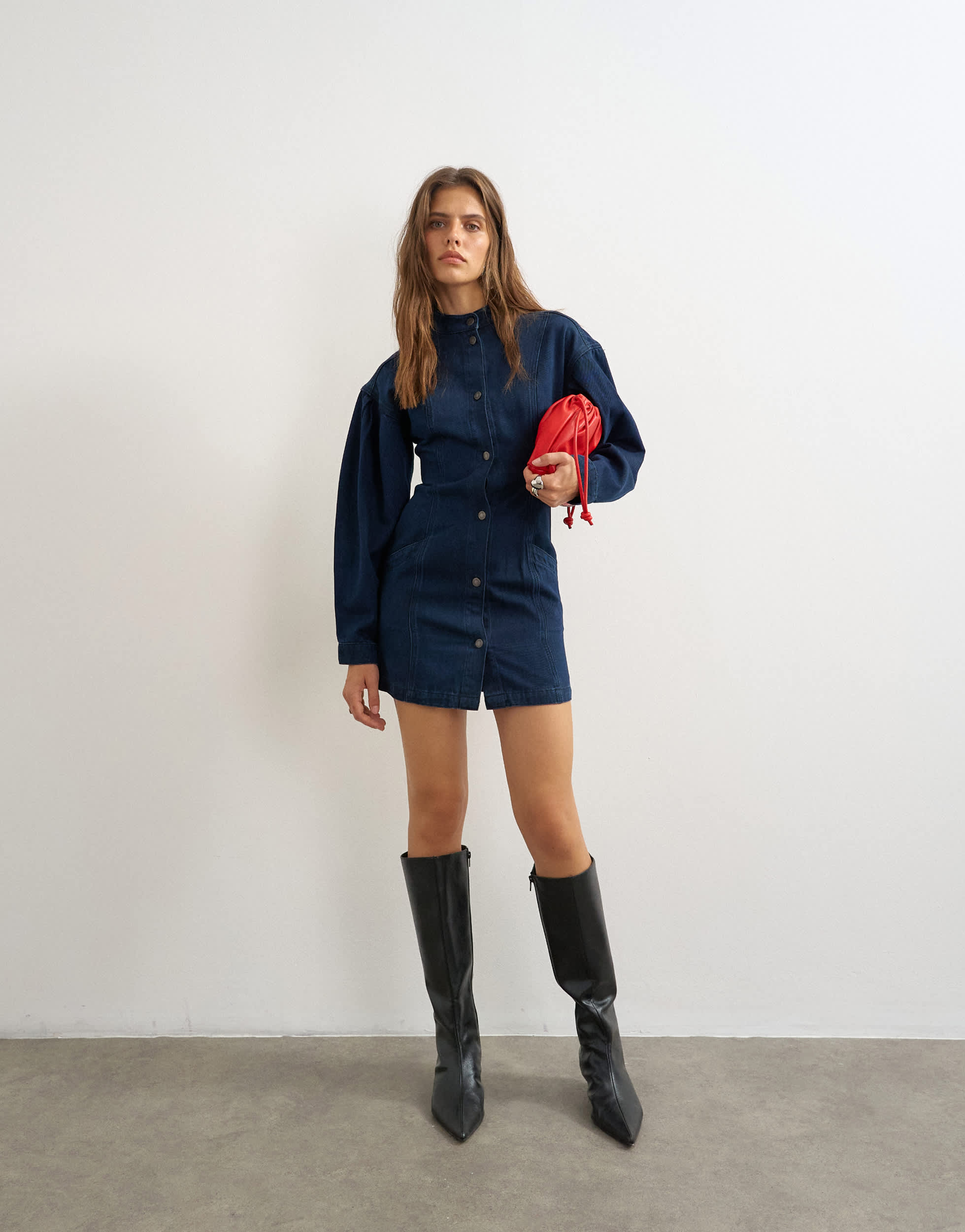 Topshop Balloon sleeve mock neck mini dress in blue denim