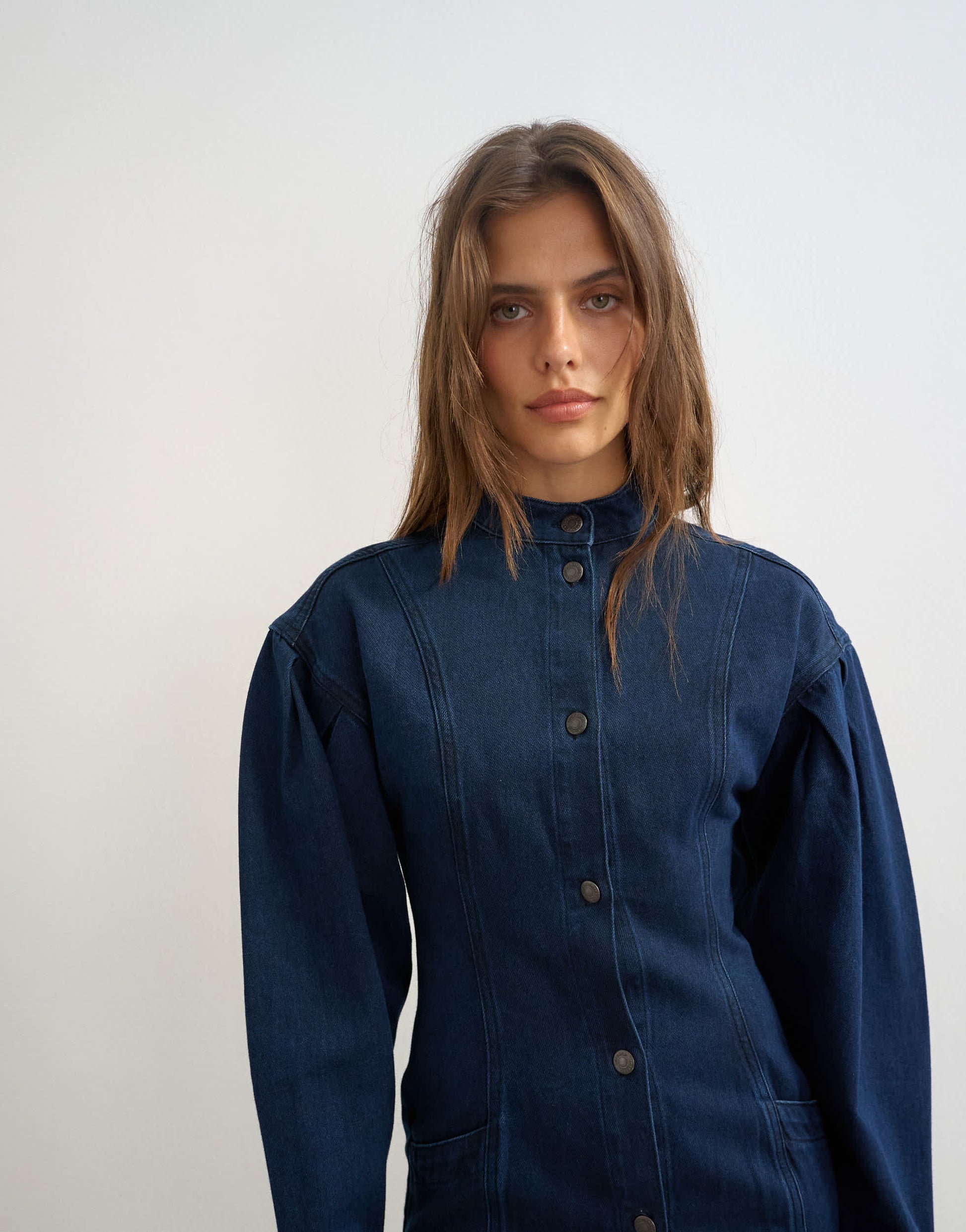 Topshop Balloon sleeve mock neck mini dress in blue denim