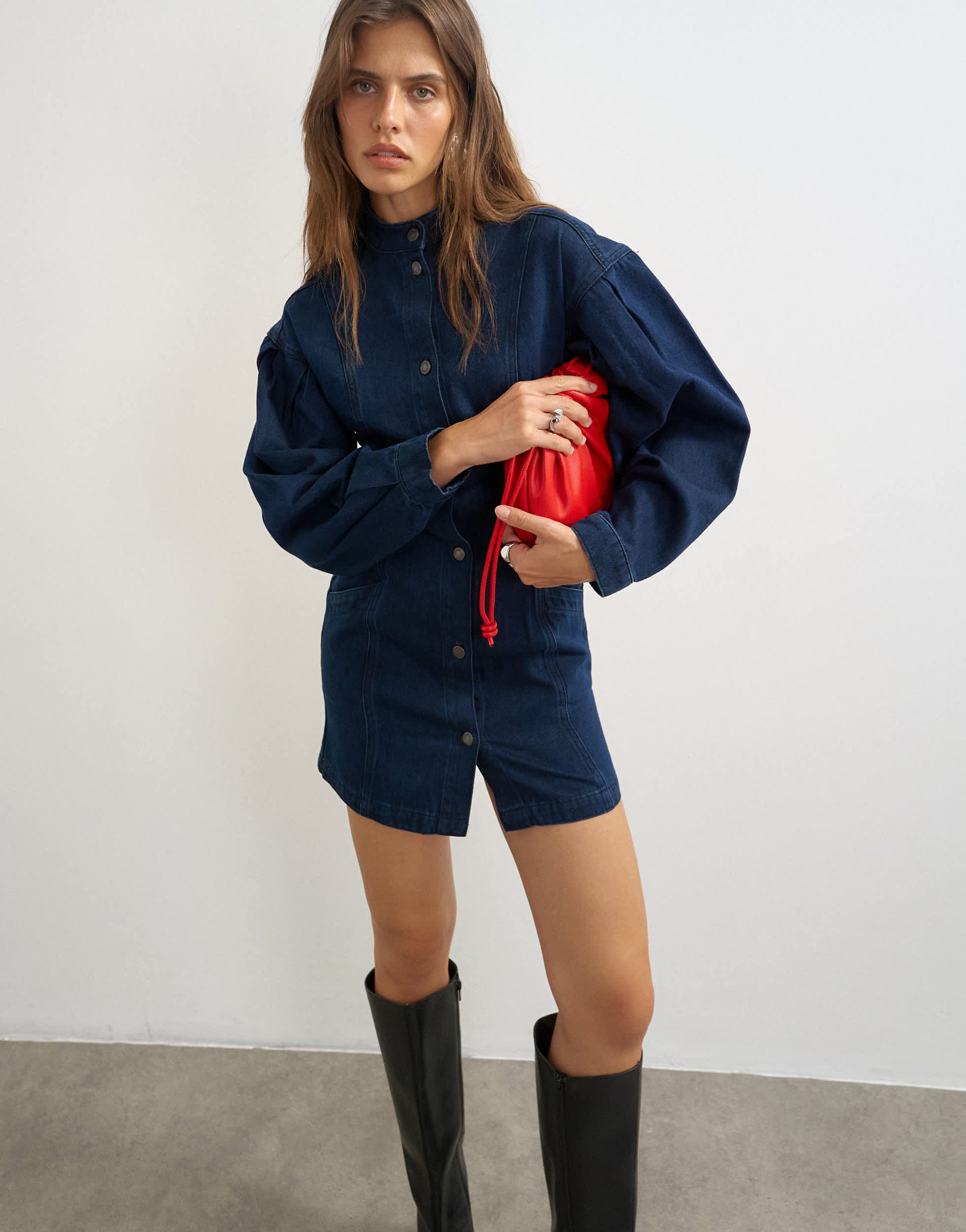 Topshop Balloon sleeve mock neck mini dress in blue denim