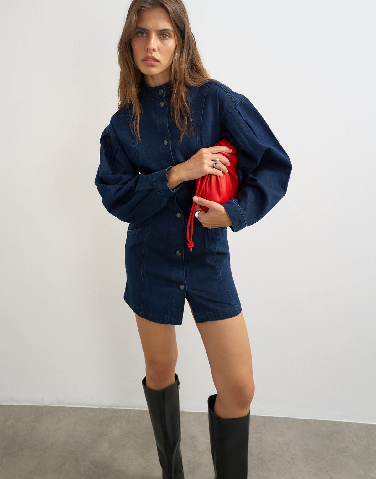Topshop Balloon sleeve mock neck mini dress in blue denim