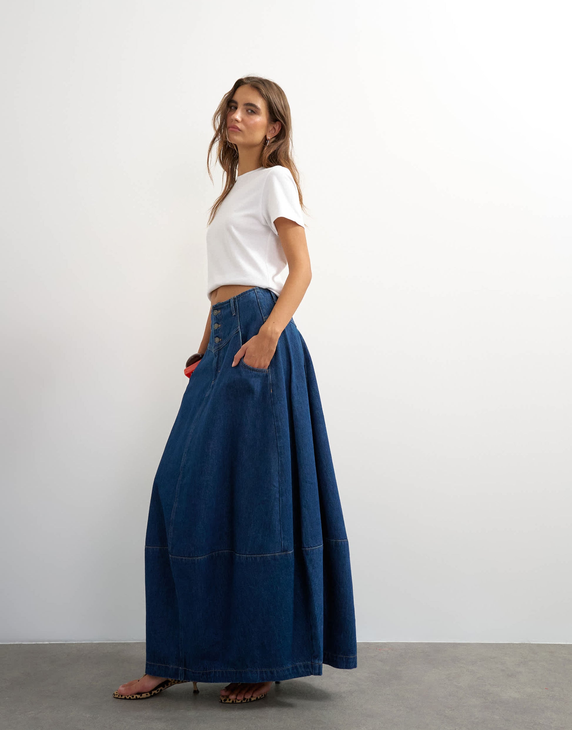 Topshop button front barrel maxi skirt in indigo