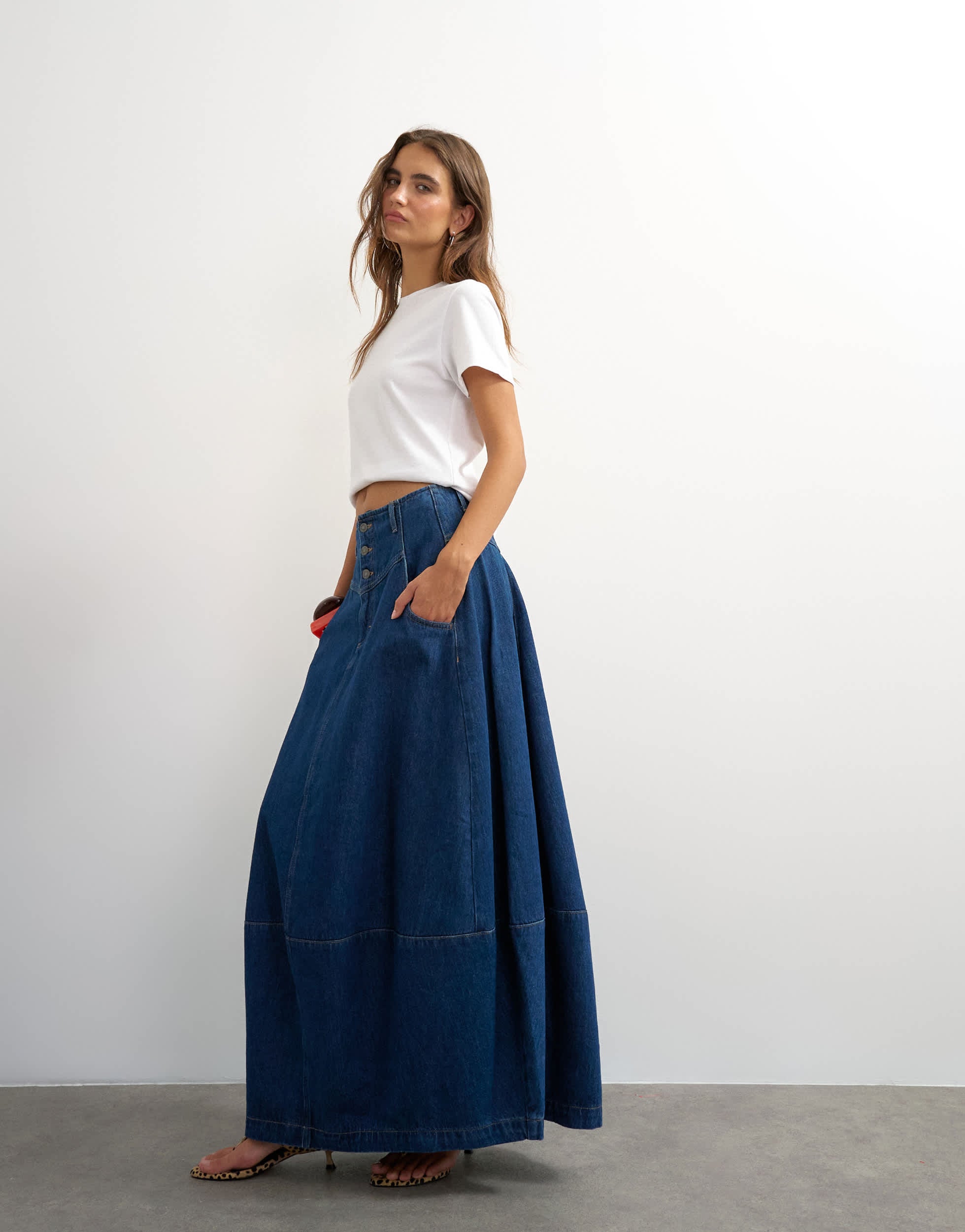 Topshop button front barrel maxi skirt in indigo
