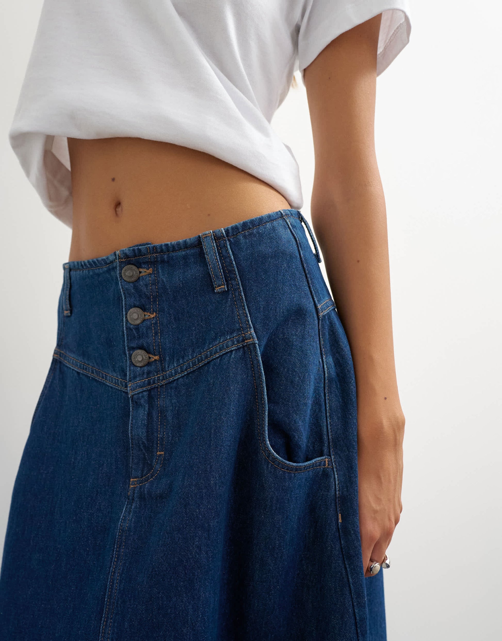 Topshop button front barrel maxi skirt in indigo