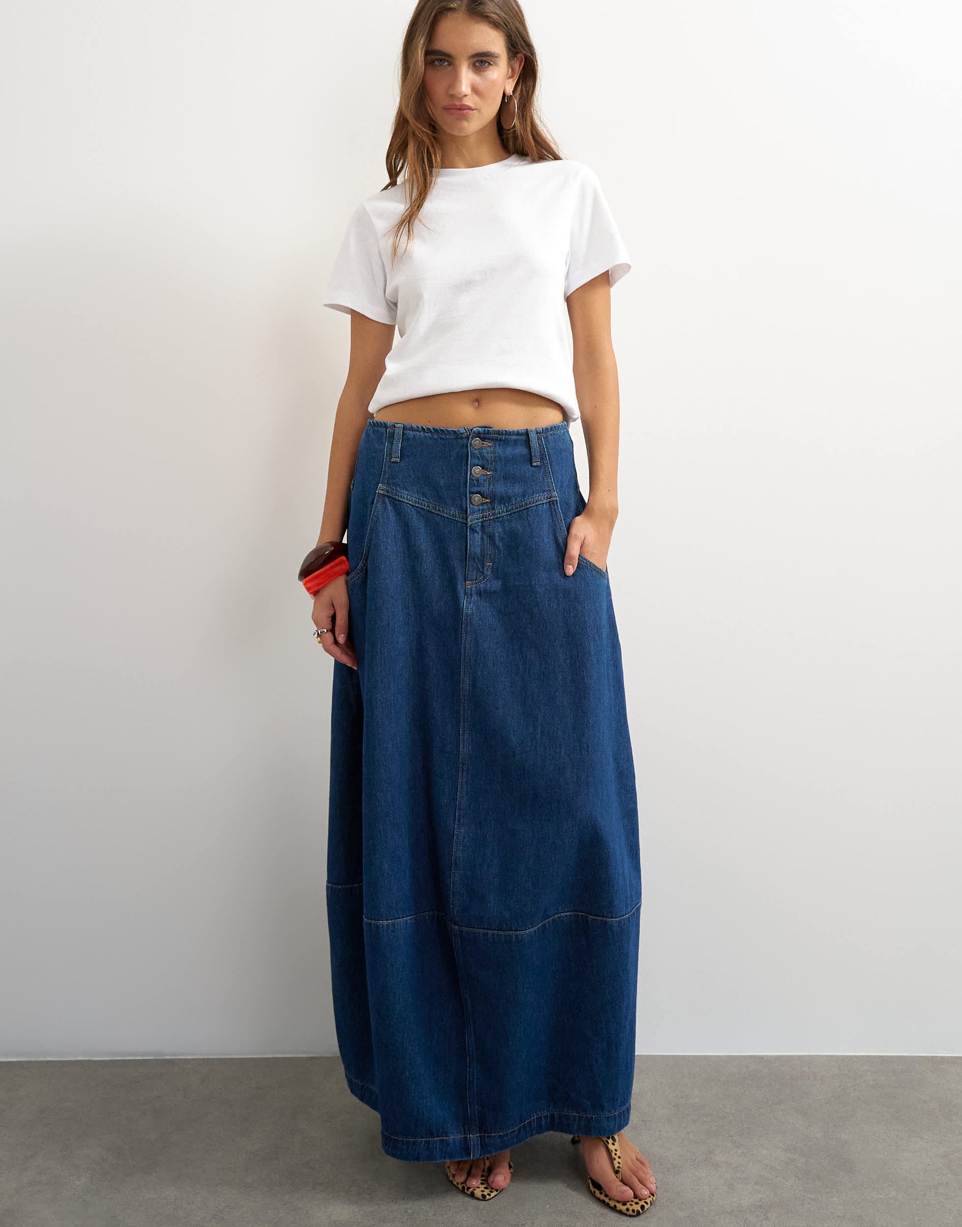 Topshop button front barrel maxi skirt in indigo