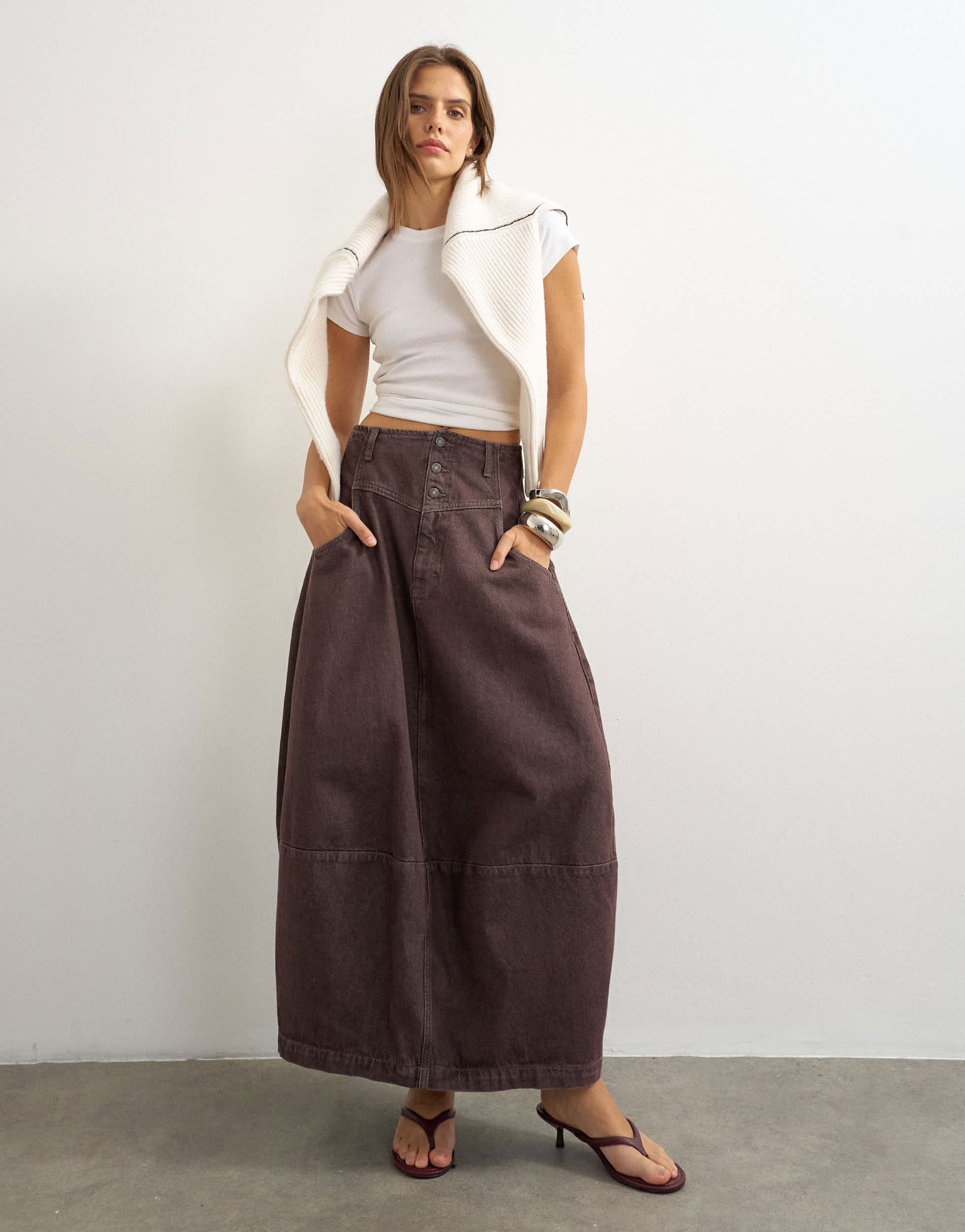 Topshop button front barrel maxi skirt in chocolate
