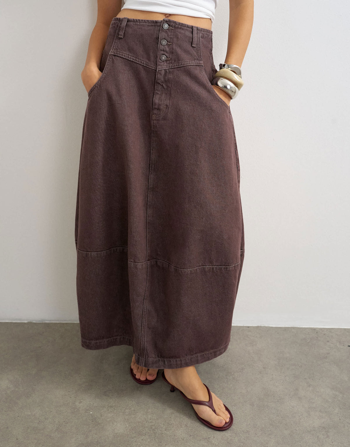 Topshop button front barrel maxi skirt in chocolate