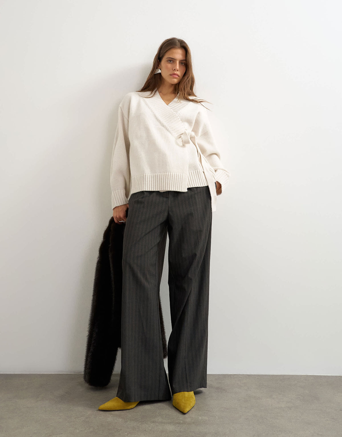 Topshop knitted wrap tie waist cardigan with wool in ivory