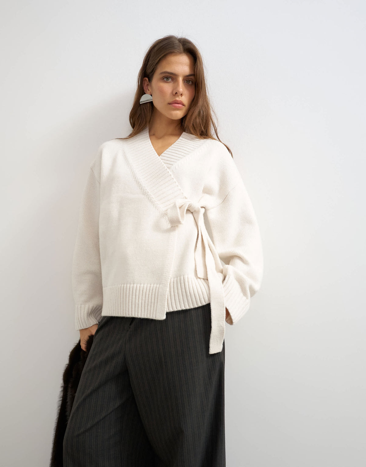 Topshop knitted wrap tie waist cardigan with wool in ivory