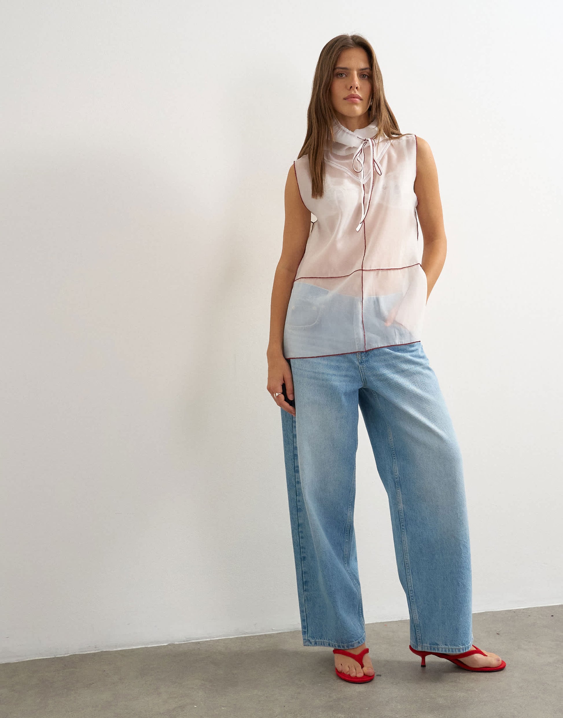 Topshop organza collapsed funnel neck top in white with contrast binding