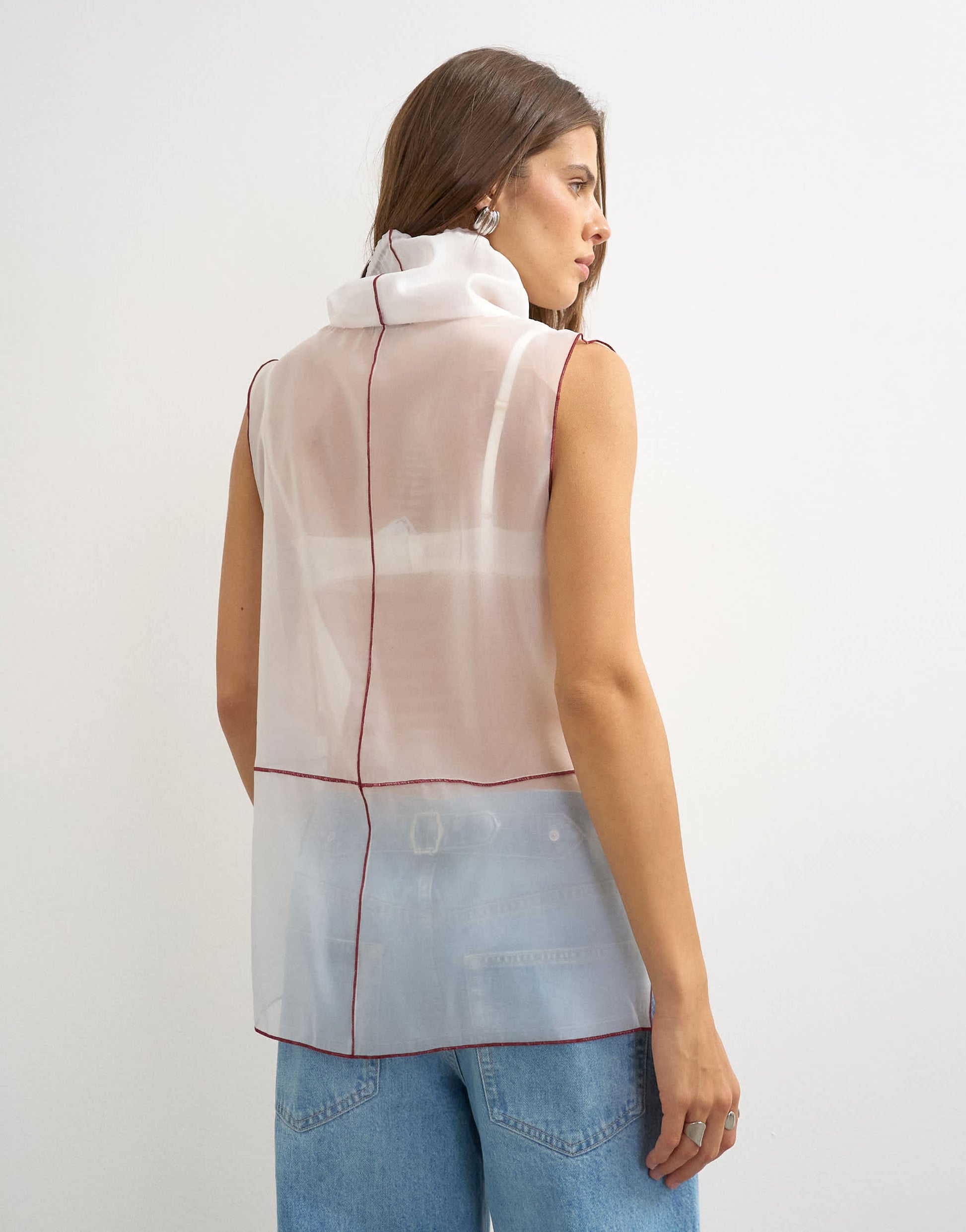 Topshop organza collapsed funnel neck top in white with contrast binding