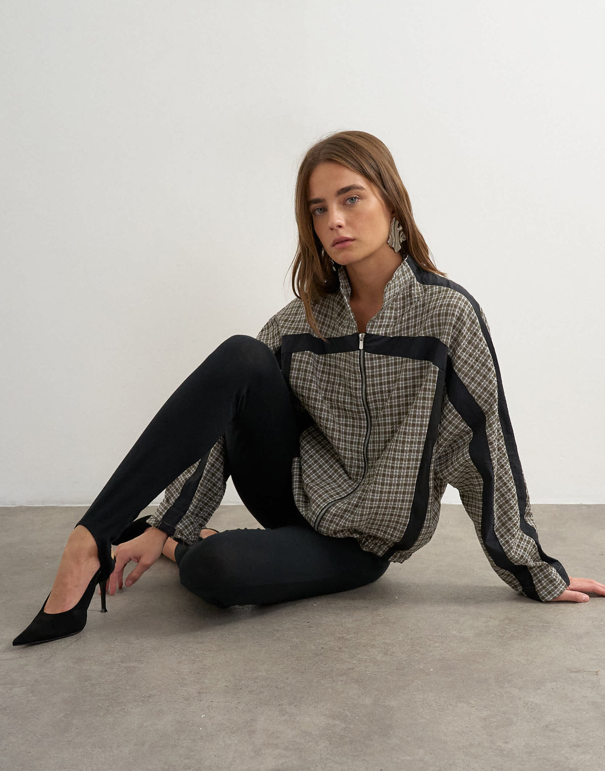 Topshop co-ord techy long sleeved zip through top in green check