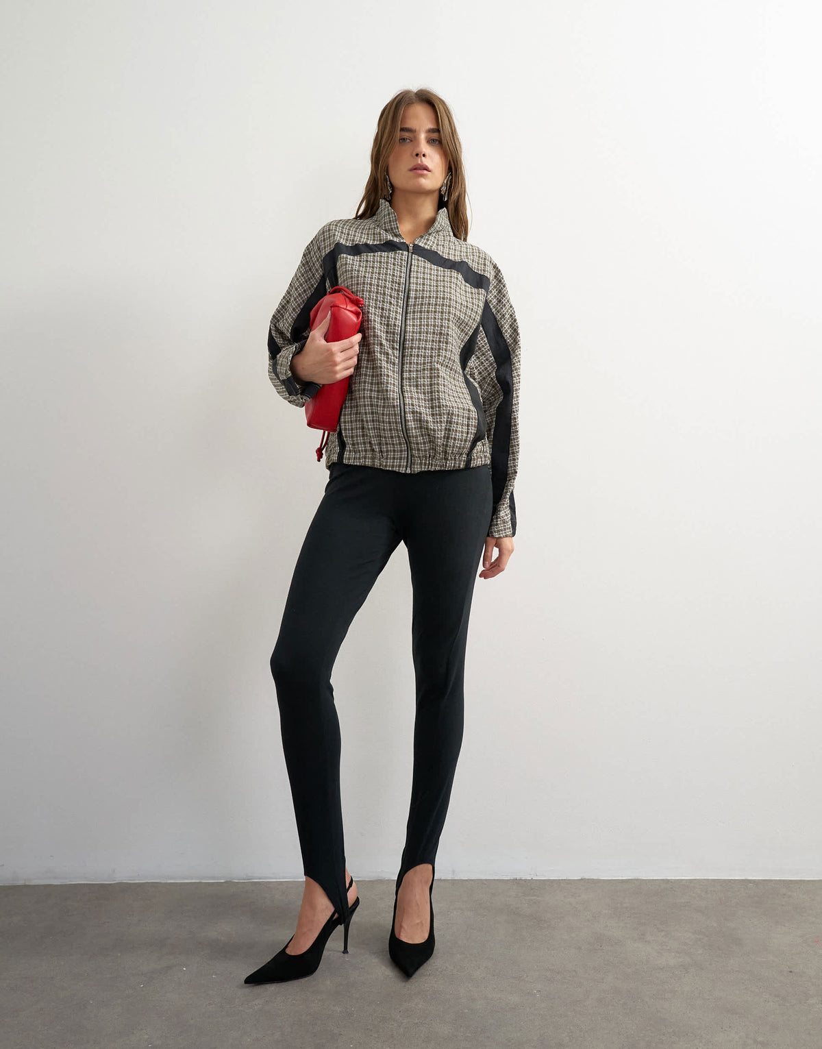Topshop co-ord techy long sleeved zip through top in green check