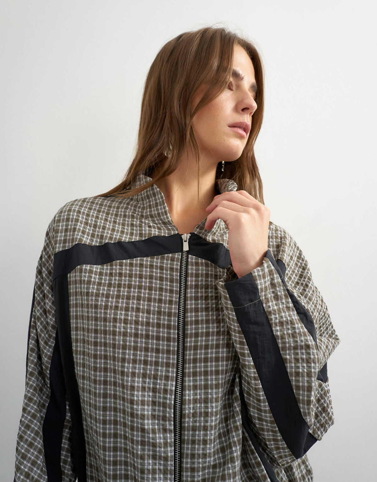 Topshop co-ord techy long sleeved zip through top in green check