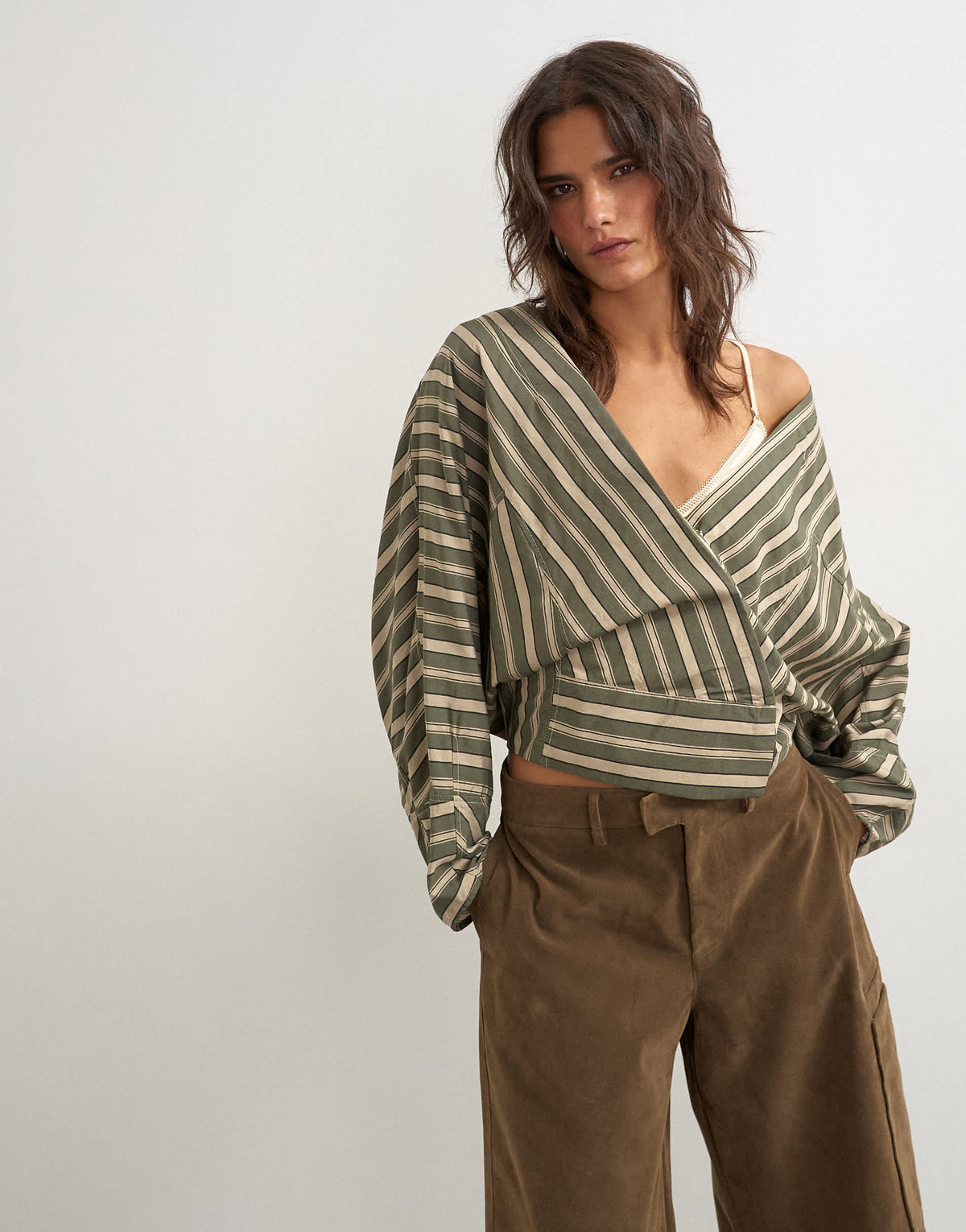 Topshop oversized shawl neckline wrap top in green stripe