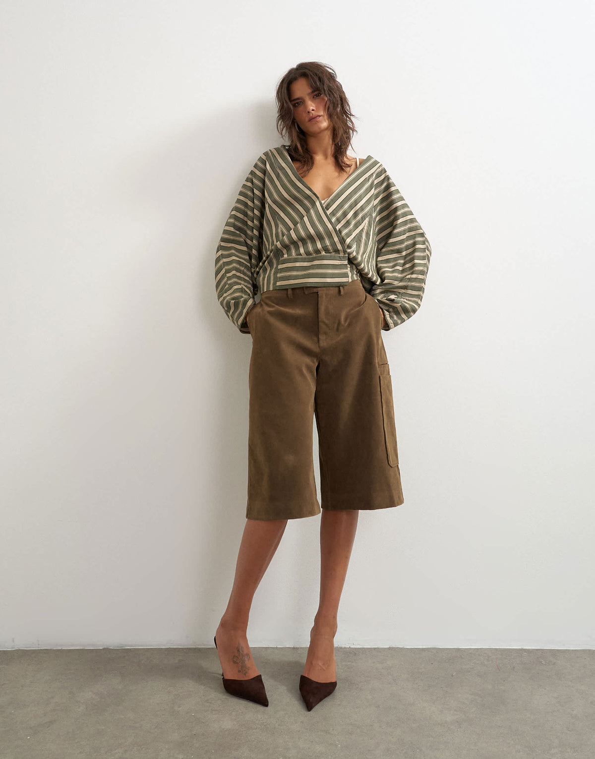 Topshop oversized shawl neckline wrap top in green stripe