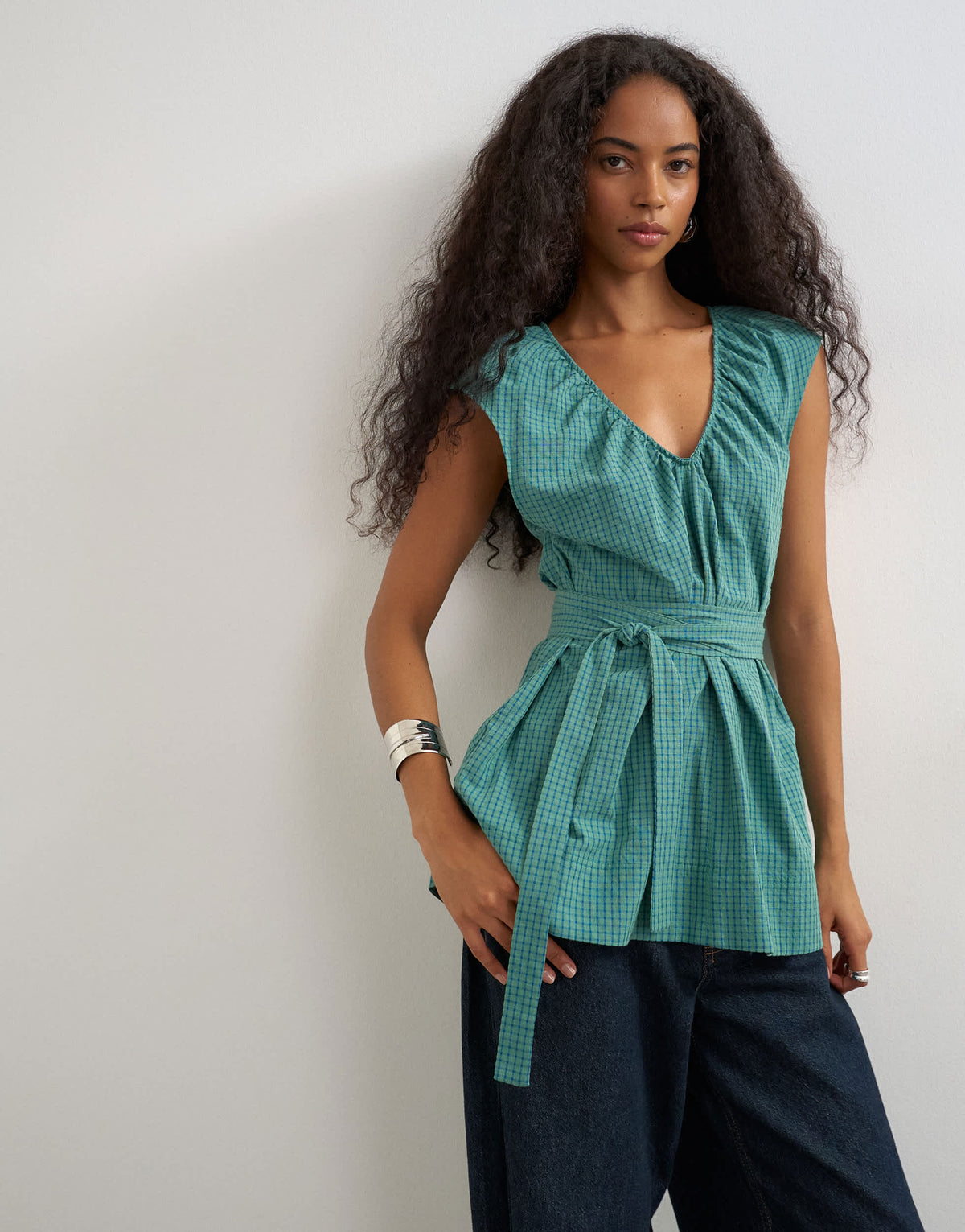 Topshop ruched neckline tie detail top in green and blue check
