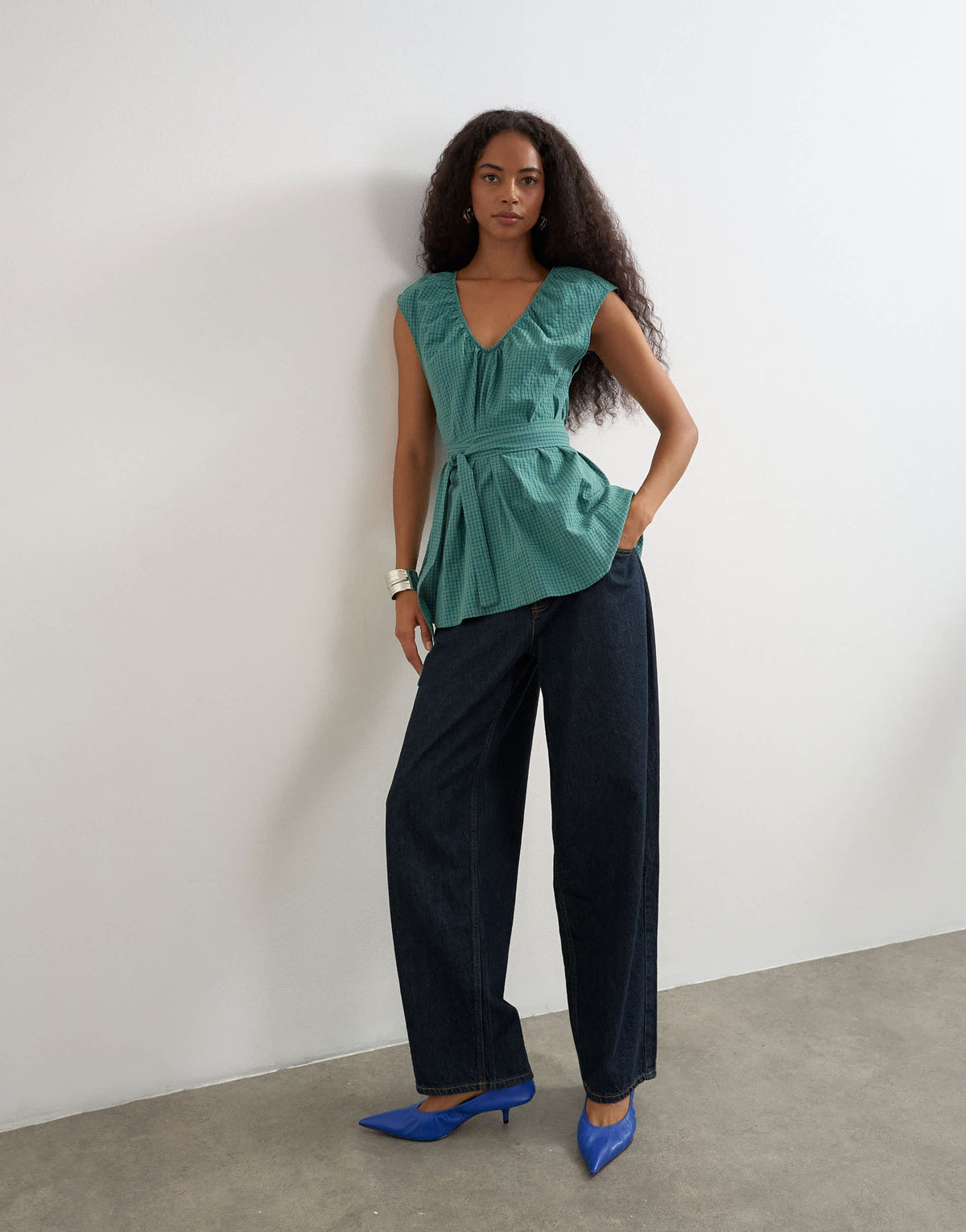 Topshop ruched neckline tie detail top in green and blue check