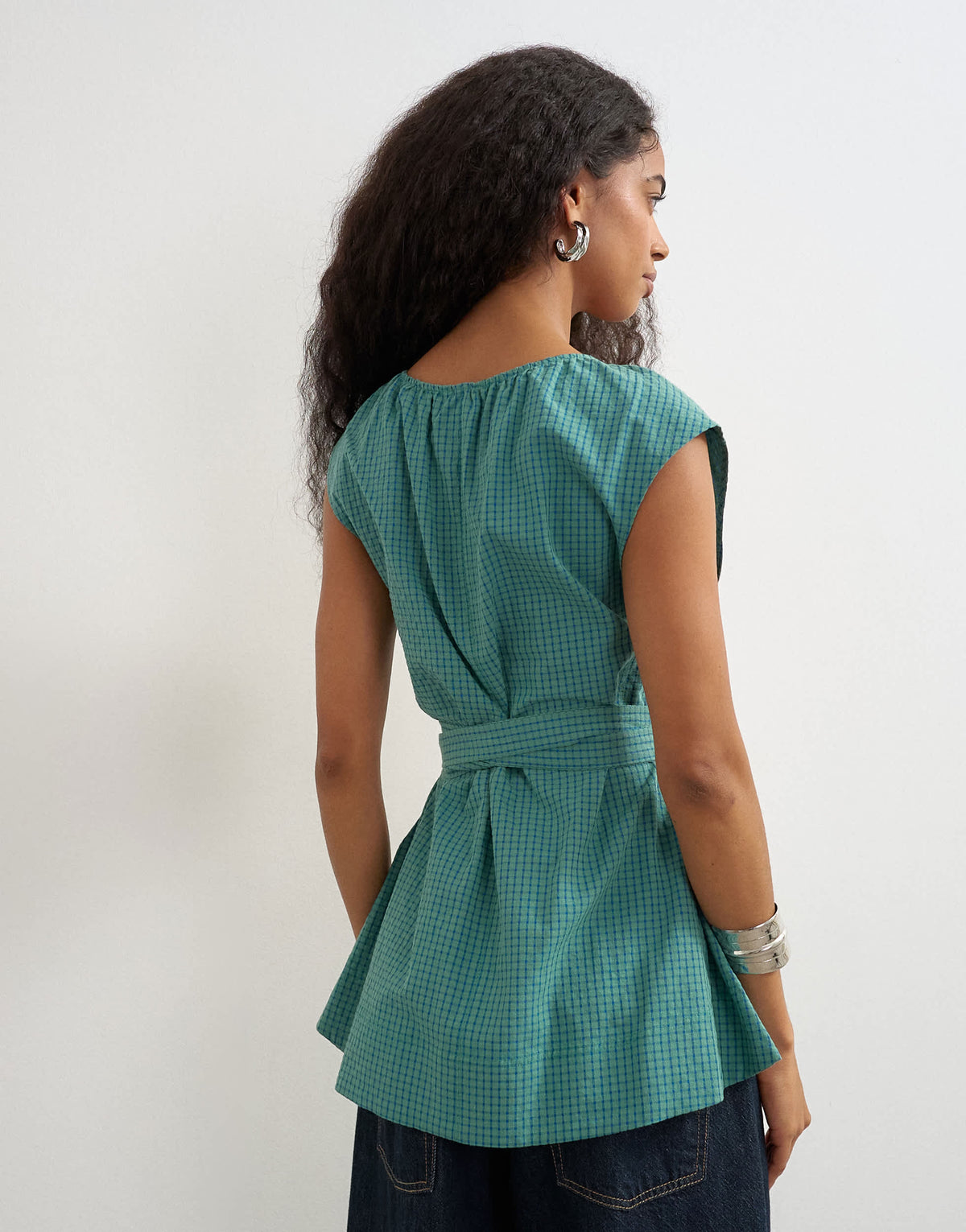 Topshop ruched neckline tie detail top in green and blue check