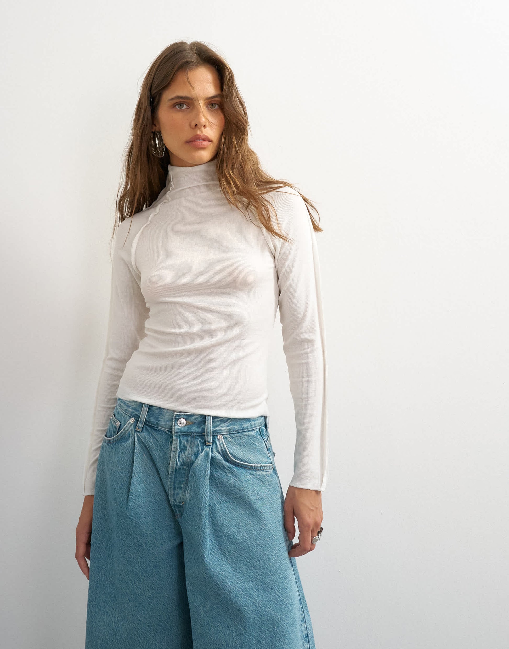 Topshop X Cara seamed long sleeve T-shirt in ecru