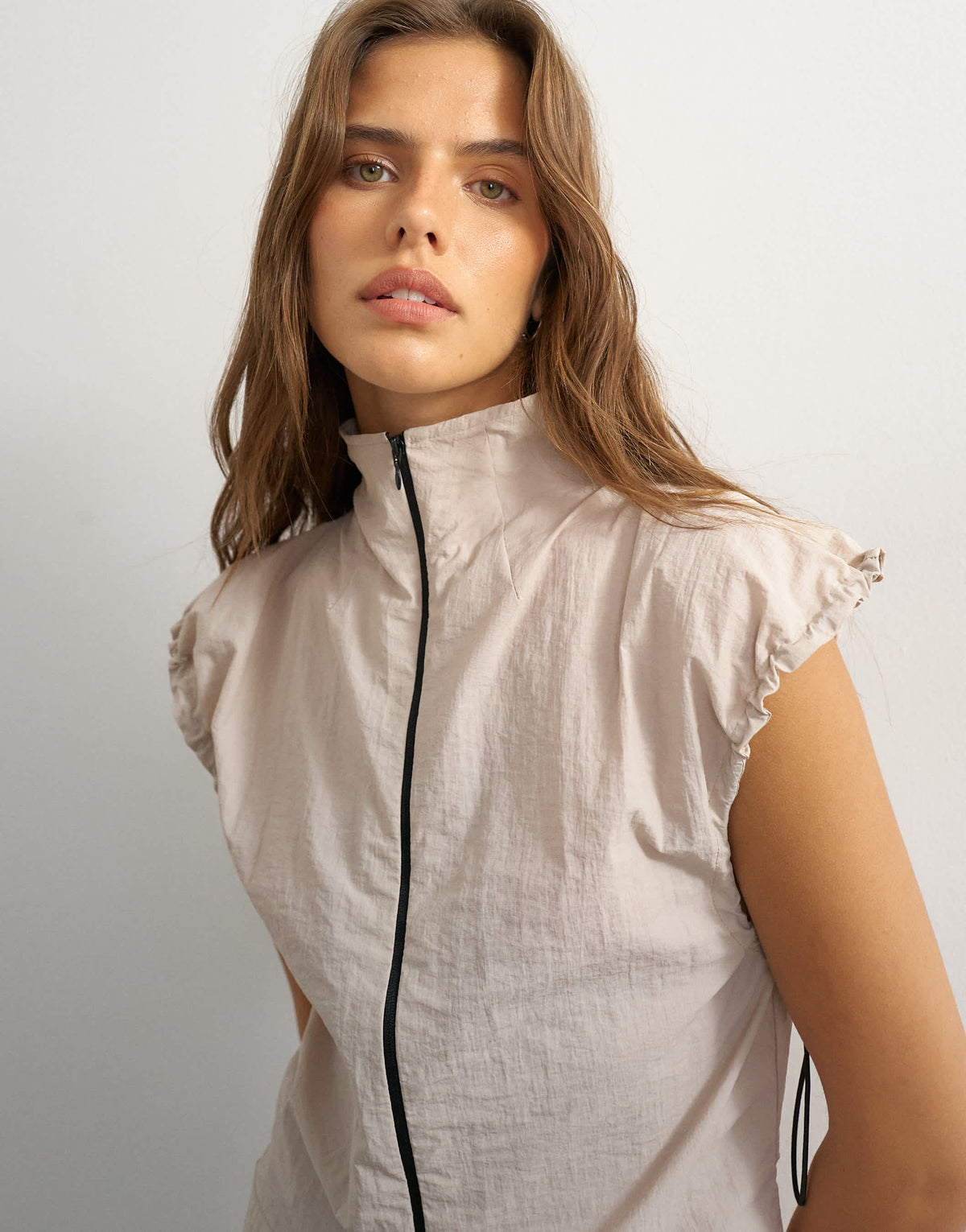 Topshop co-ord techy high neck short sleeved zip through top in ecru