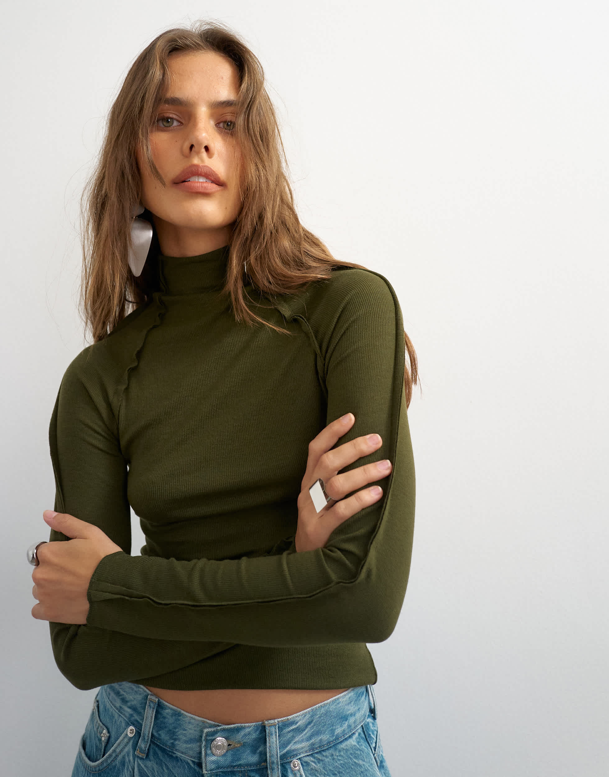 Topshop X Cara seamed long sleeve T-shirt in khaki