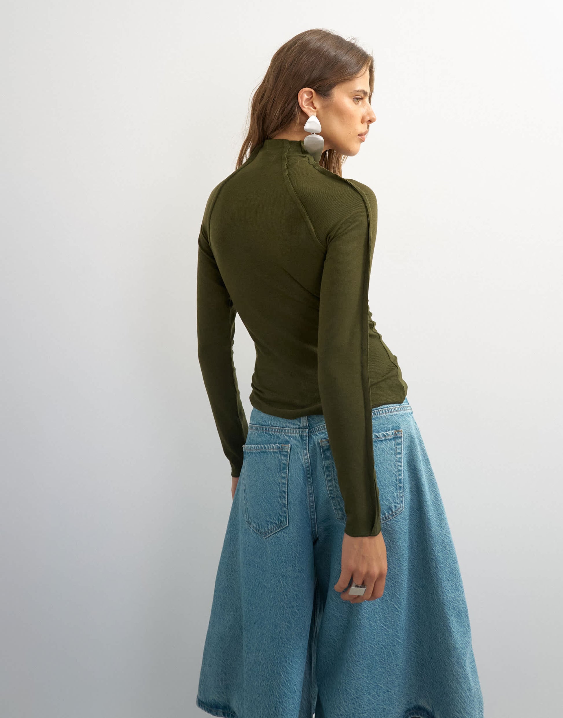 Topshop X Cara seamed long sleeve T-shirt in khaki