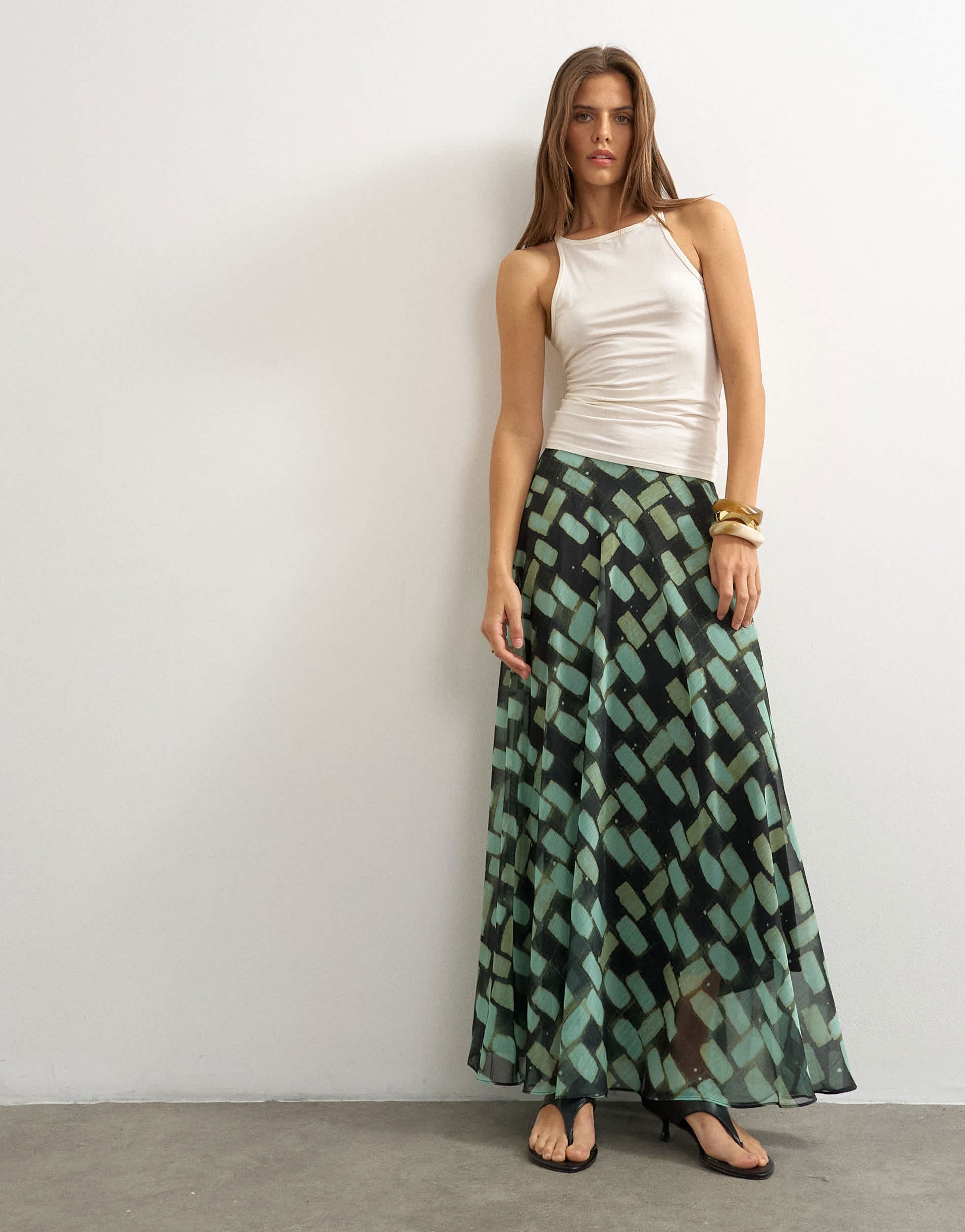 Topshop sheer full circle chiffon maxi skirt in blue geometric print