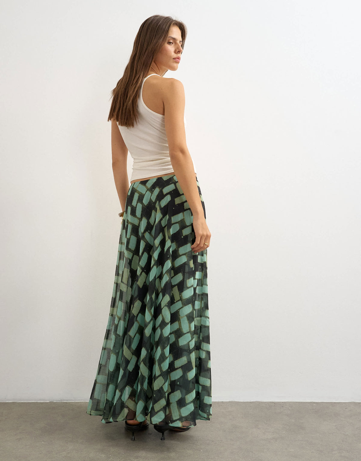 Topshop sheer full circle chiffon maxi skirt in blue geometric print