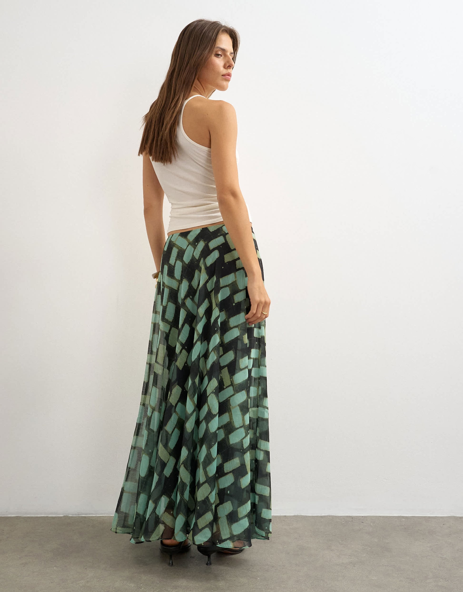 Topshop sheer full circle chiffon maxi skirt in blue geometric print