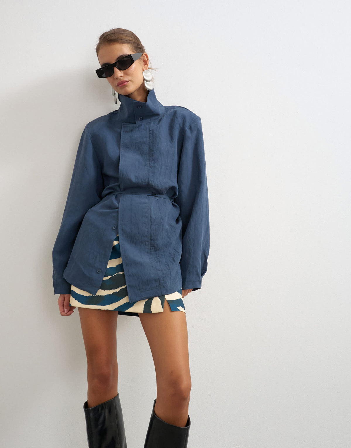 Topshop funnel neck tie detail top in navy self stripe