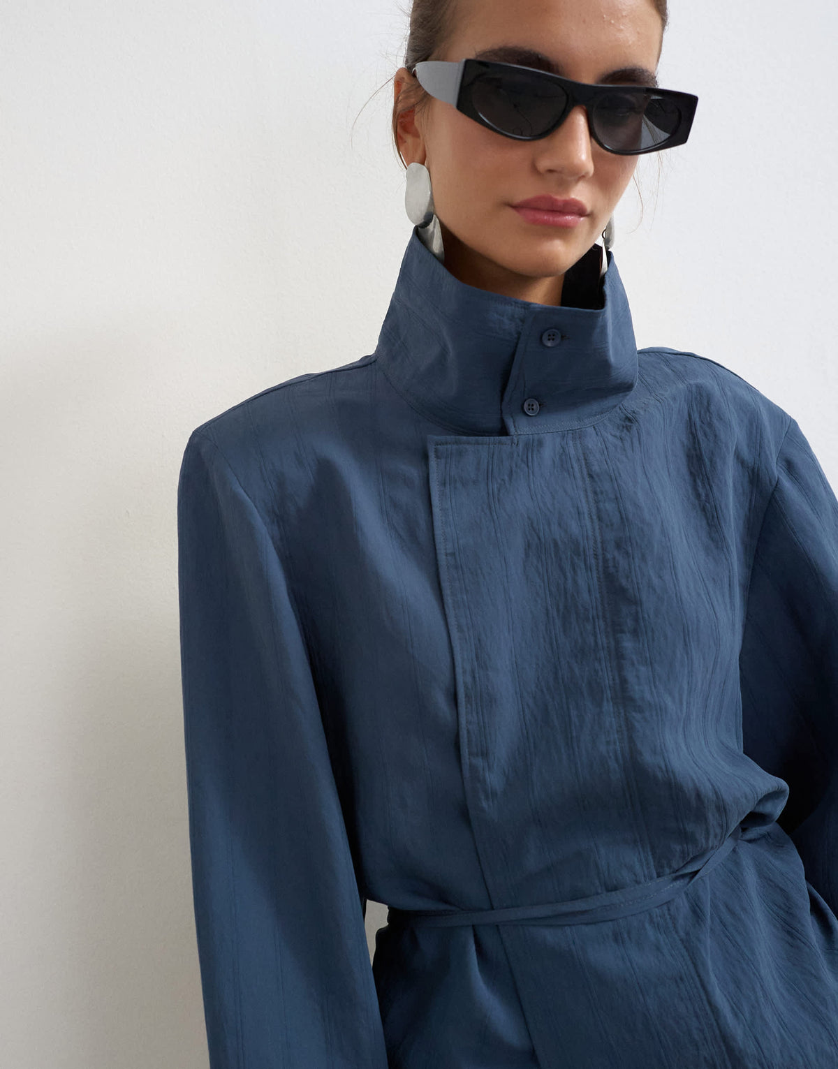 Topshop funnel neck tie detail top in navy self stripe