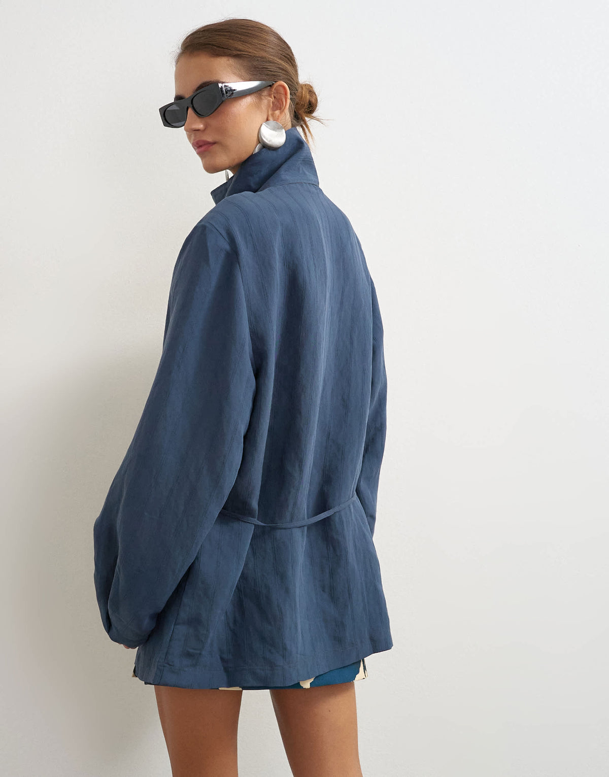 Topshop funnel neck tie detail top in navy self stripe