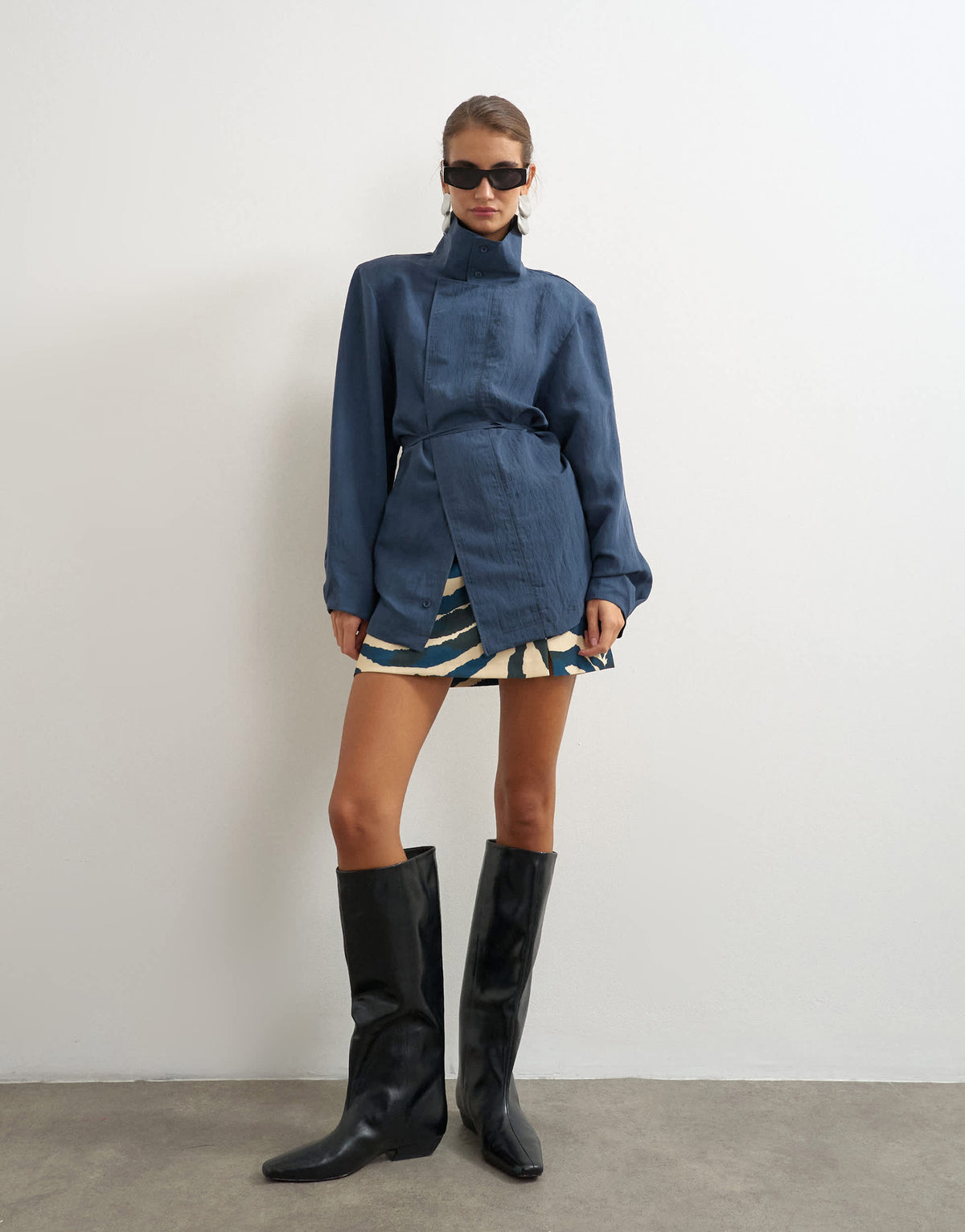Topshop funnel neck tie detail top in navy self stripe