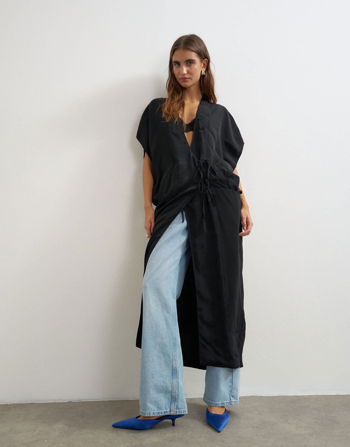 Topshop jacquard maxi bed jacket in black
