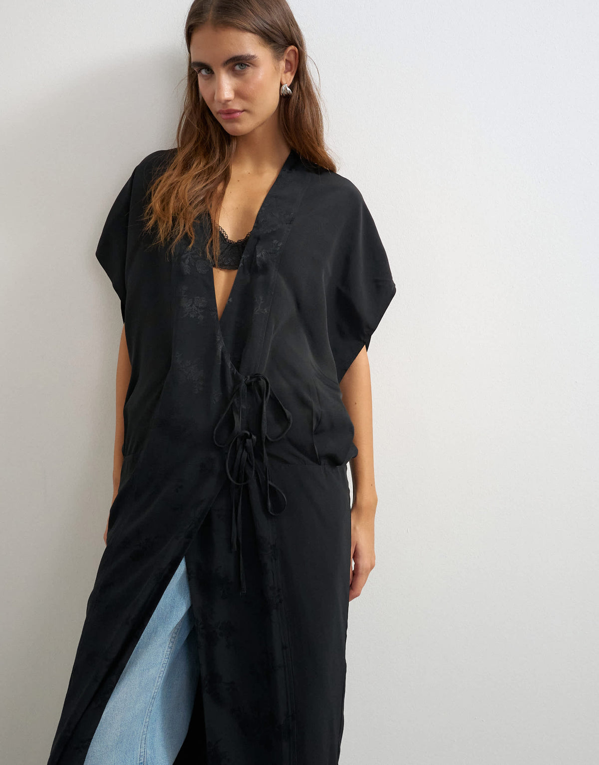 Topshop jacquard maxi bed jacket in black
